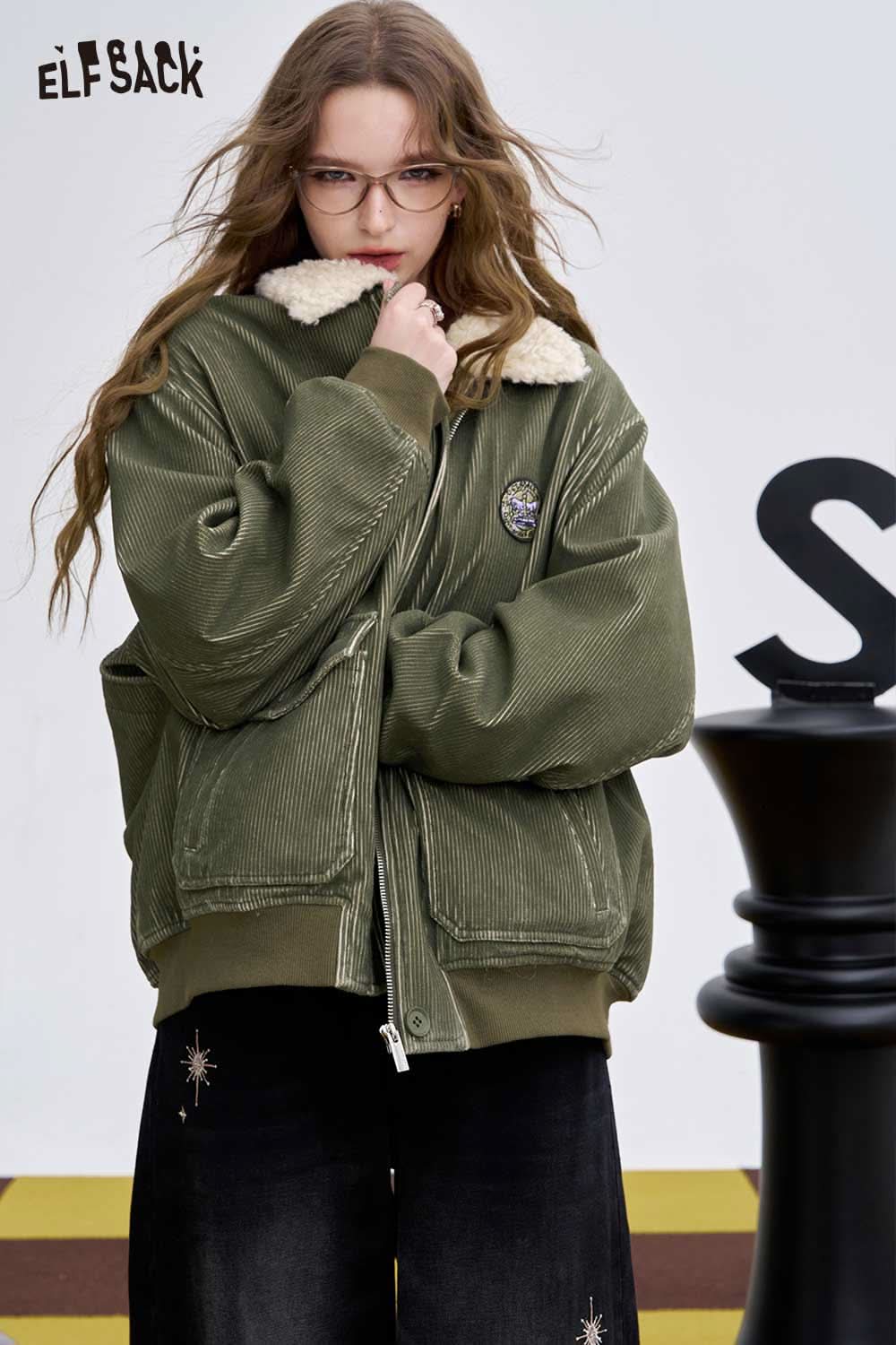 ELFSACK women's embroidered lapel cotton coat in olive with plush collar and stylish design