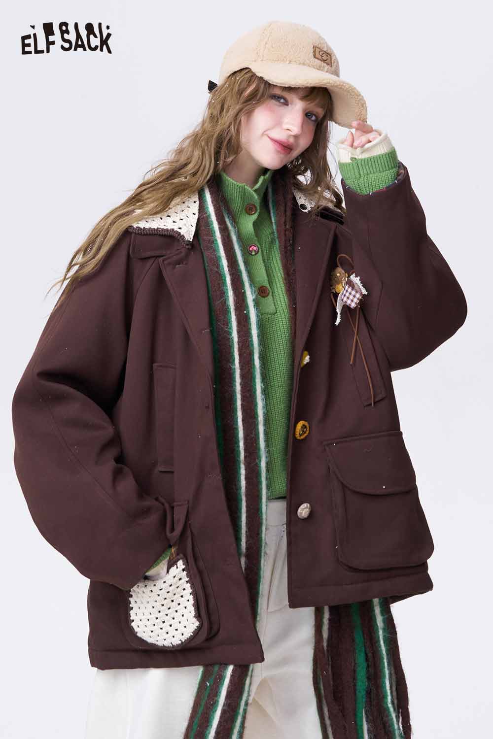 ELFSACK women's embroidered stand collar sweater in green with stylish accessories and a cozy outfit