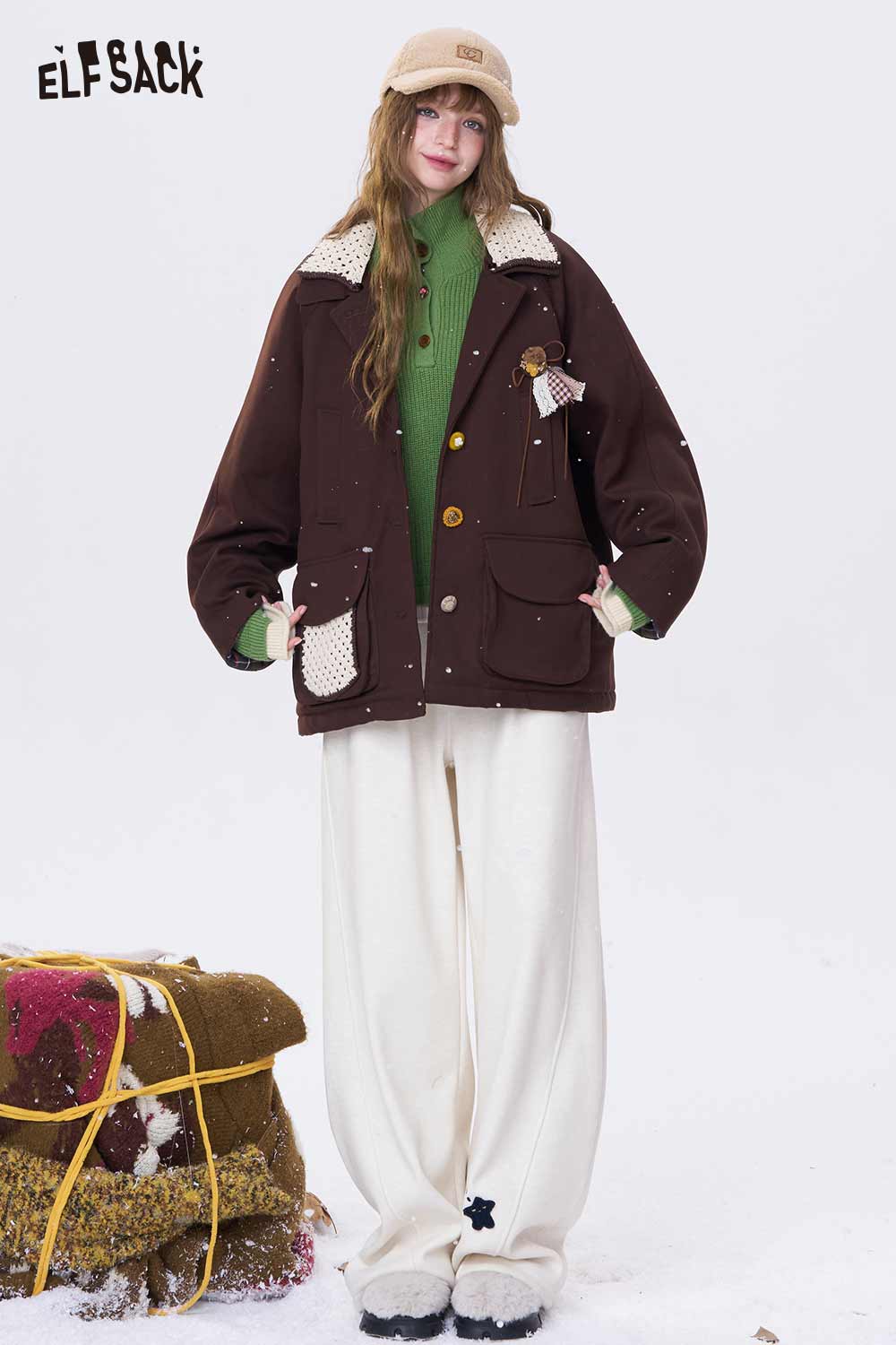 ELFSACK women's embroidered stand collar sweater layered under a brown oversized jacket