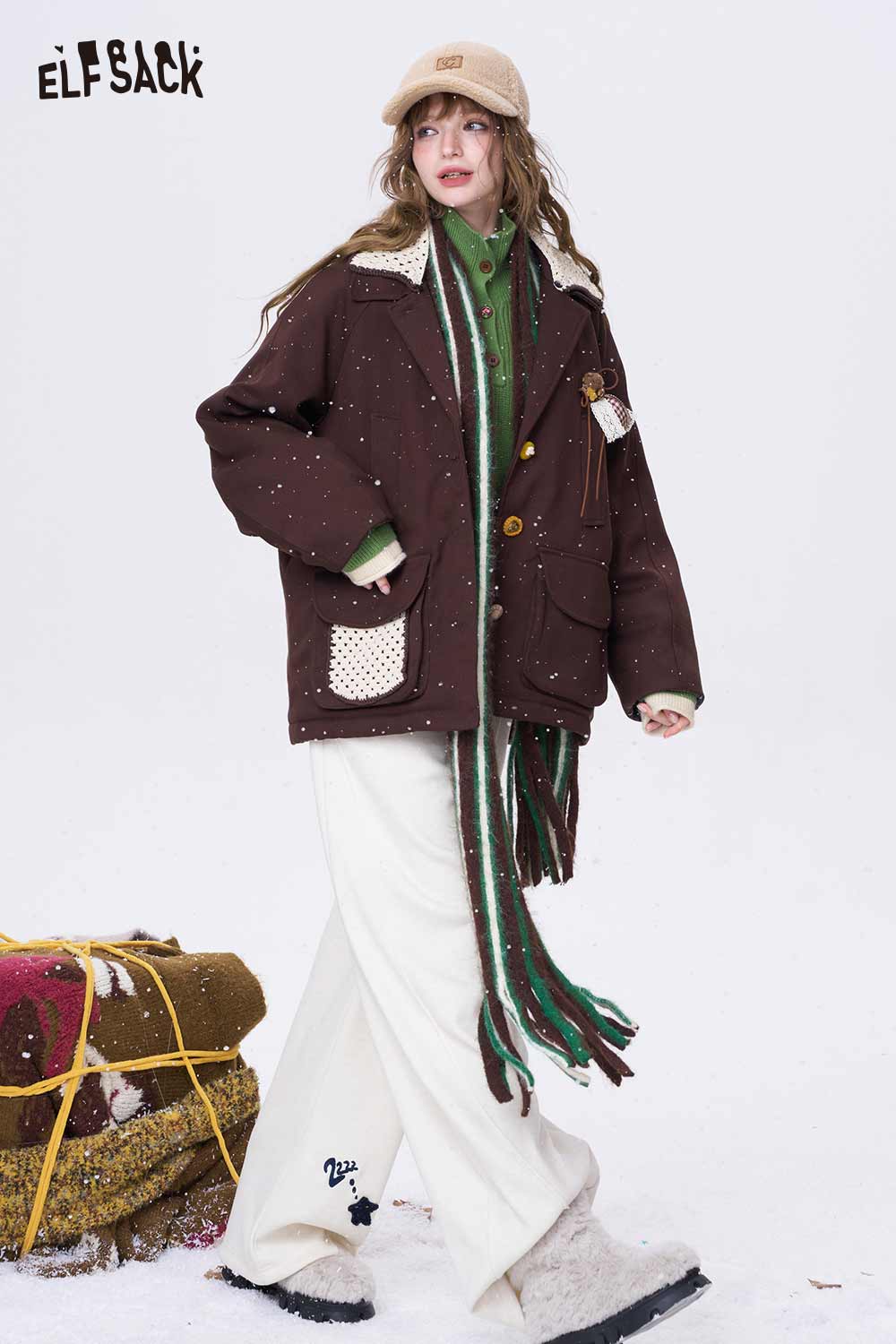 ELFSACK women's embroidered stand collar sweater styled with a trendy oversized jacket and cozy trousers