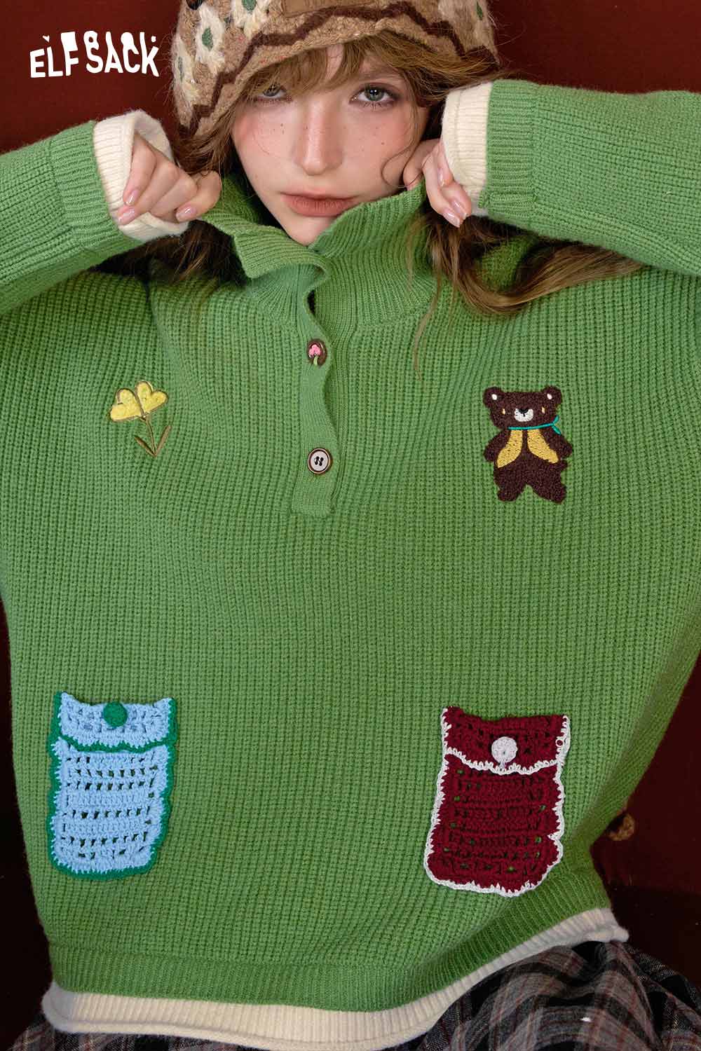 ELFSACK women's embroidered stand collar sweater in green with cute patches and unique design