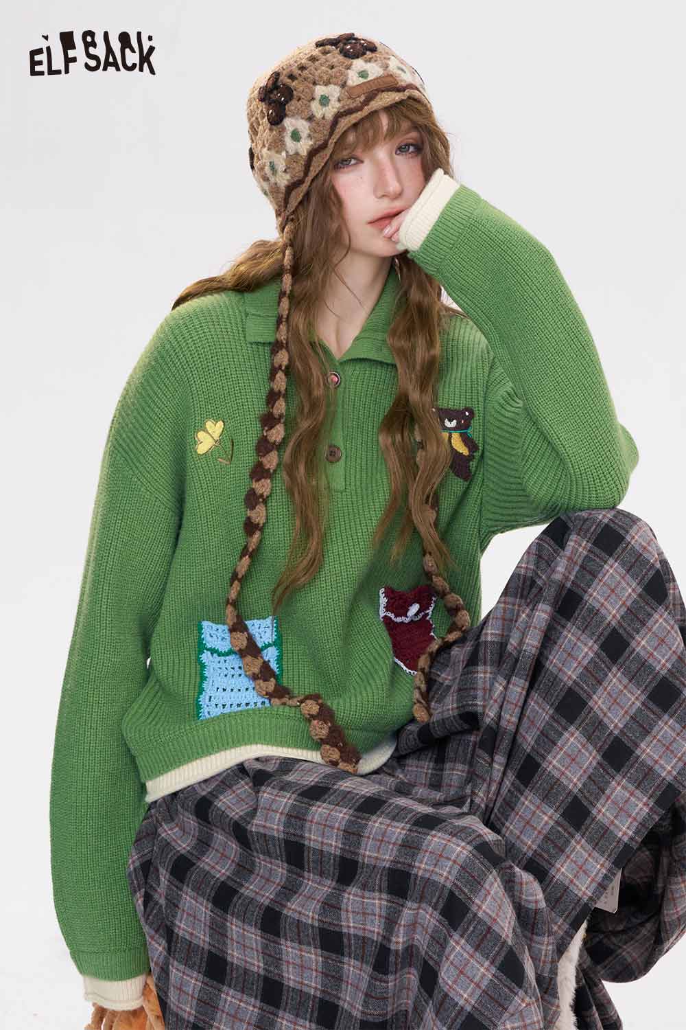 ELFSACK women's embroidered stand collar sweater in green with playful designs and cozy fit