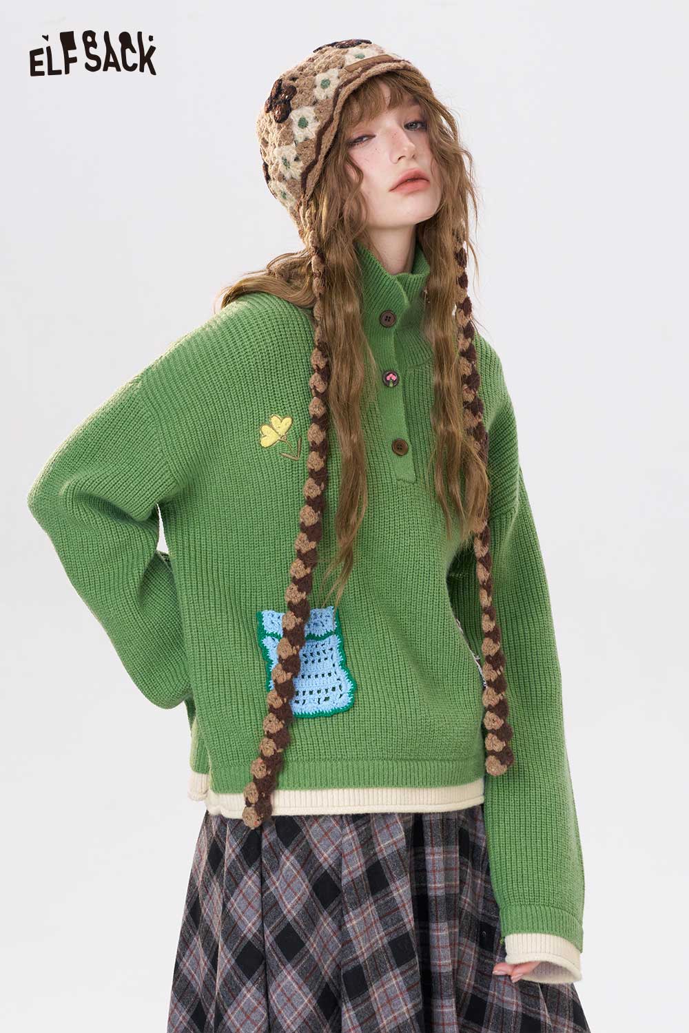 ELFSACK women's embroidered stand collar sweater in green with playful designs and relaxed fit