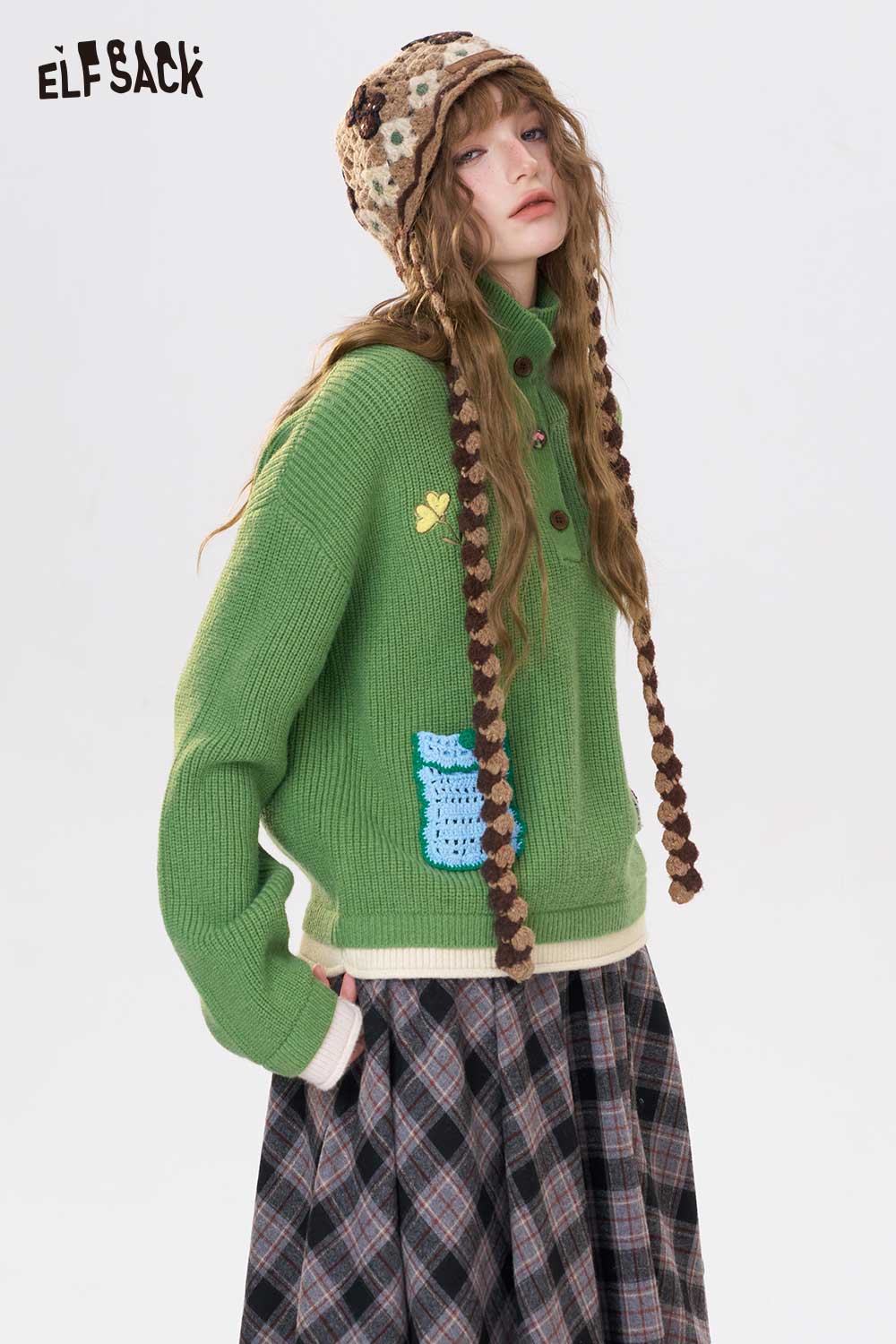 ELFSACK women's embroidered stand collar sweater in green with unique design elements and cozy fit