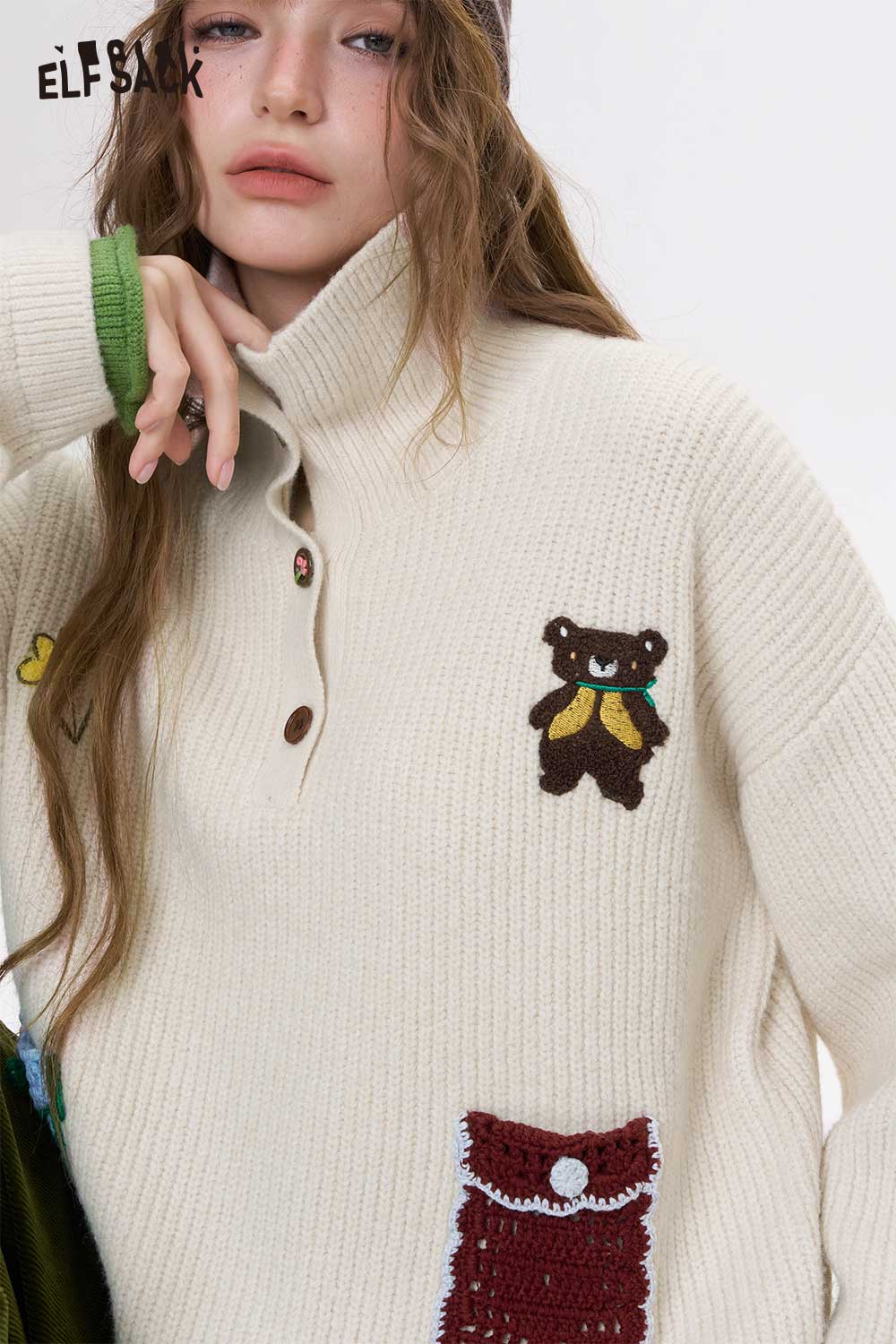 Women's embroidered stand collar sweater by ELFSACK with bear embroidery and colorful details