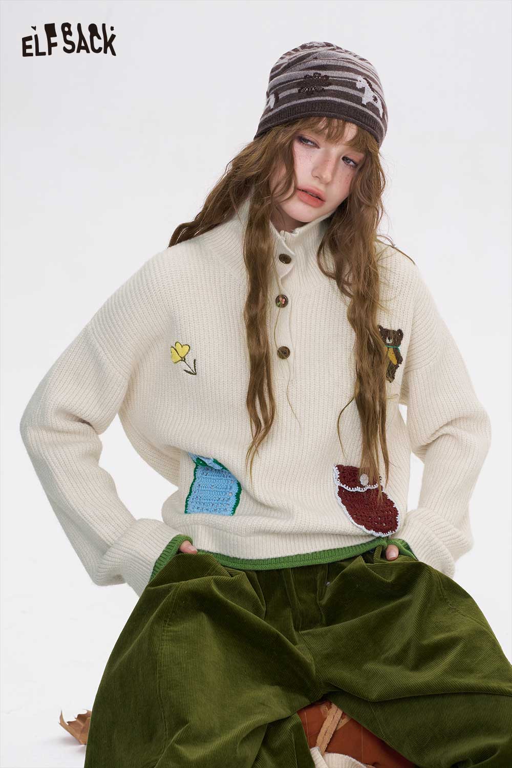 ELFSACK women's embroidered stand collar sweater in cream with colorful patches and buttons