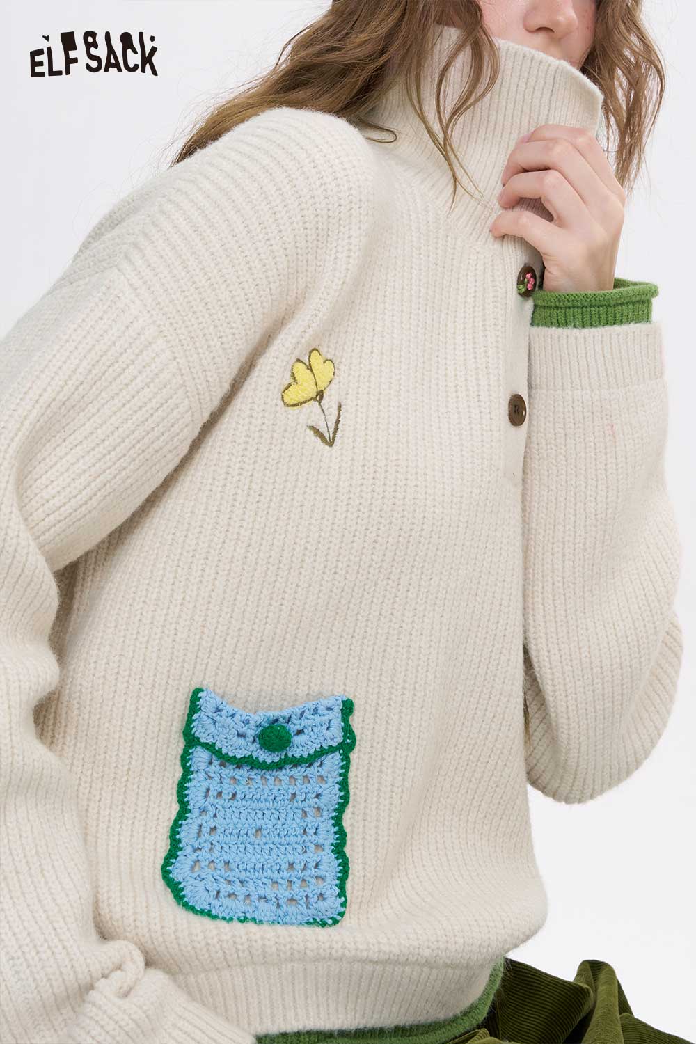 ELFSACK women's embroidered stand collar sweater featuring a floral design and a colorful pocket
