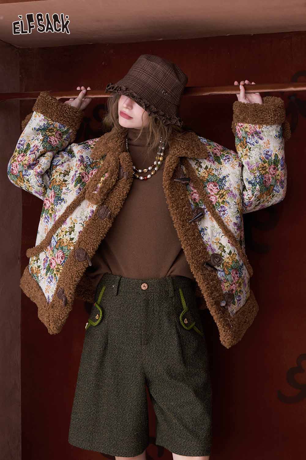 ELFSACK women's empire waist bermuda shorts paired with a floral jacket and stylish bucket hat