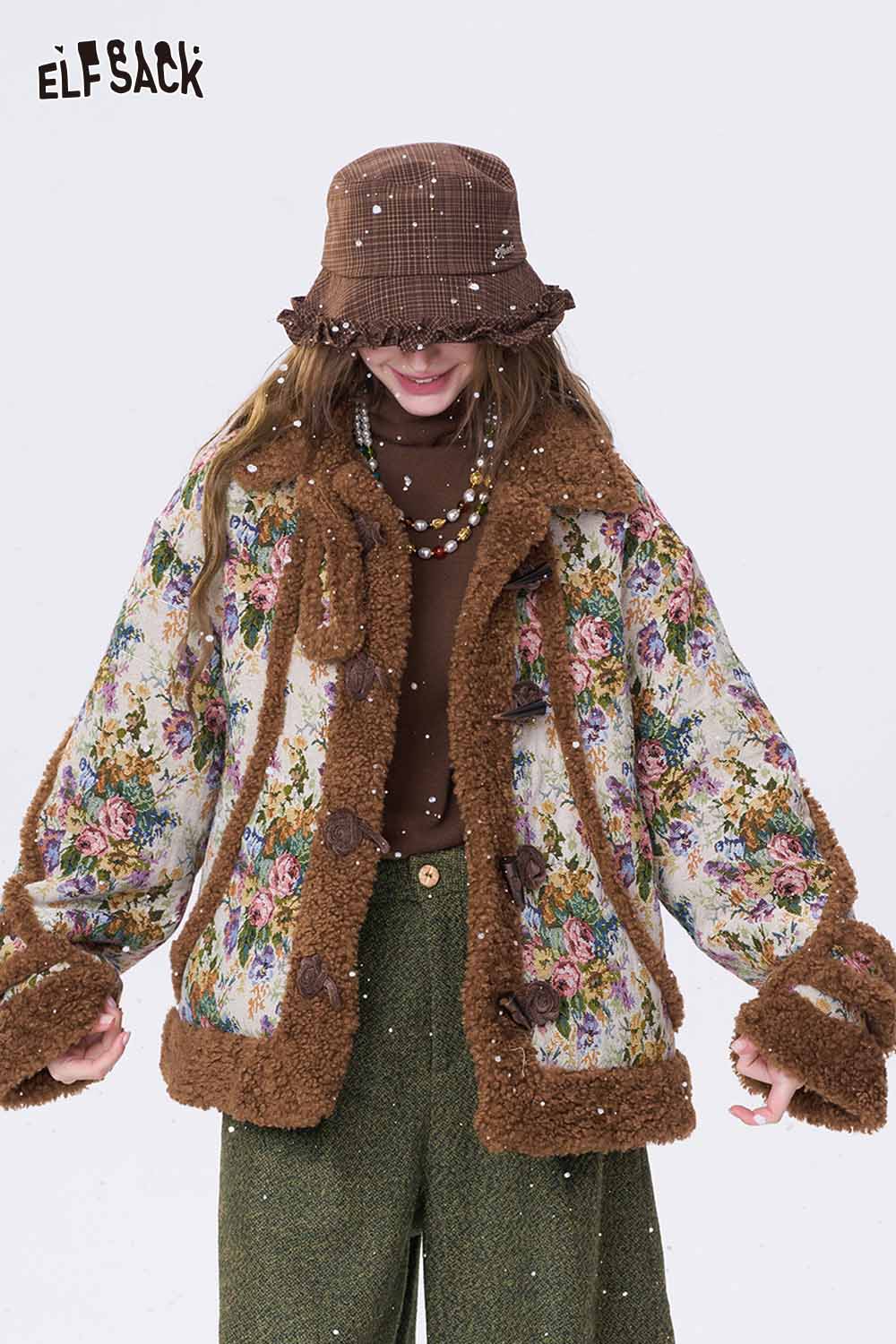 ELFSACK women's empire waist bermuda shorts styled with a floral patterned jacket and brown bucket hat