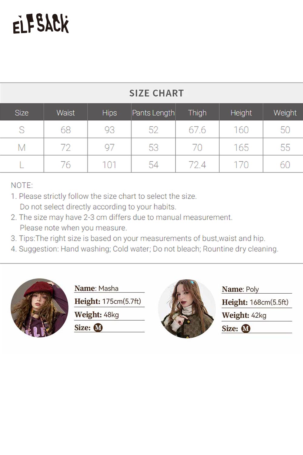 ELFSACK women's empire waist bermuda shorts size chart with measurements and care instructions