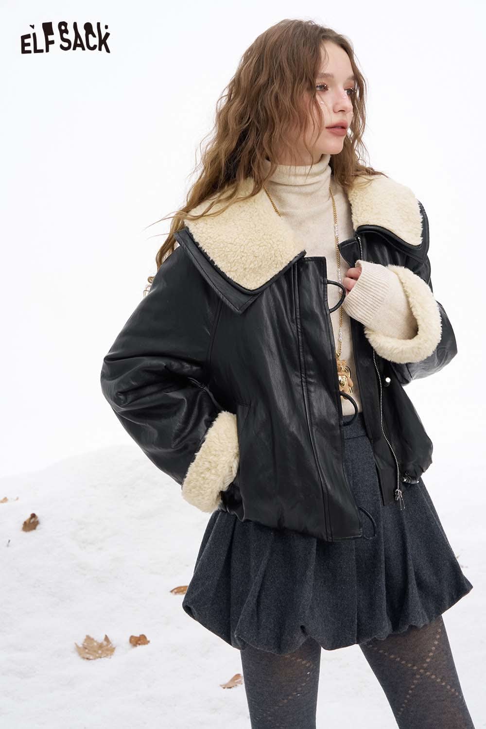ELFSACK women's faux leather jacket with plush collar, stylish and warm for winter fashion