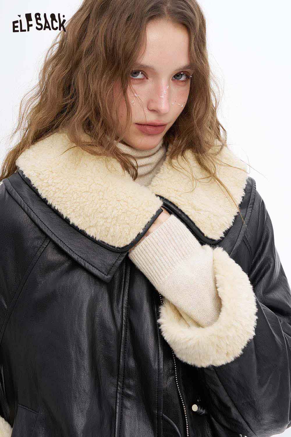 ELFSACK women's faux leather jacket with plush collar featuring a stylish black design and cozy lining