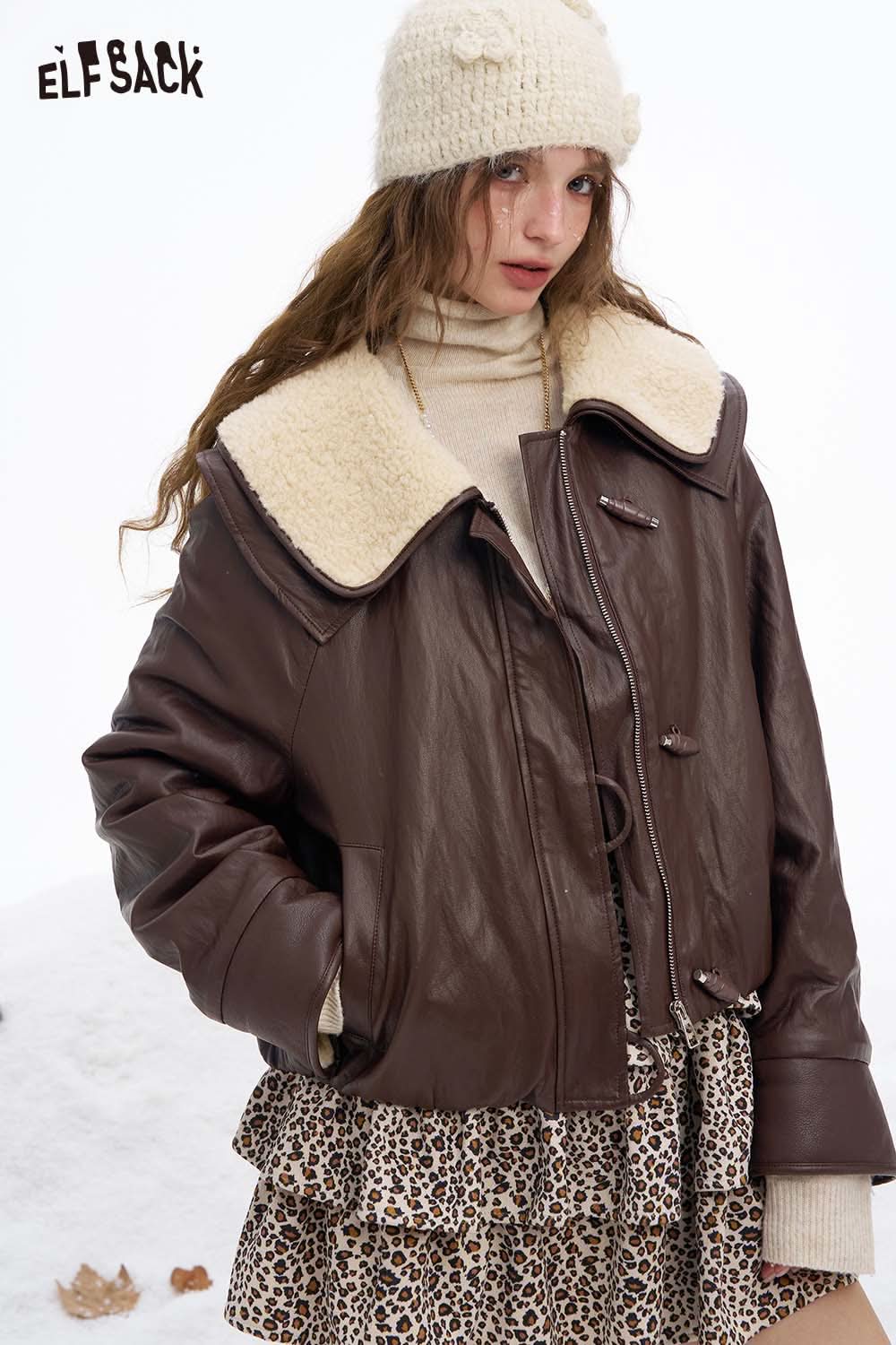ELFSACK women's faux leather jacket with plush collar in brown, featuring oversized styling and button closure