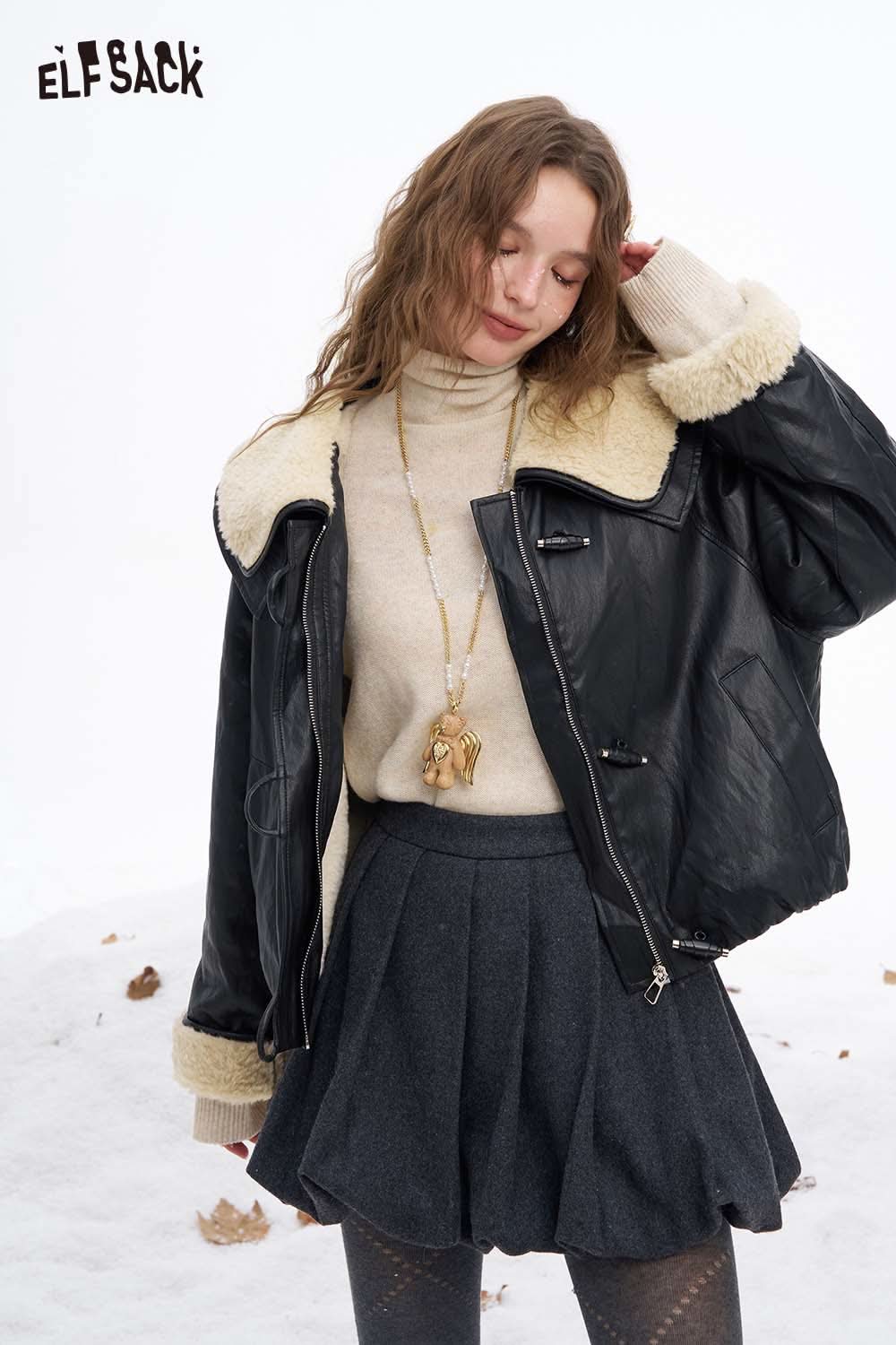 ELFSACK women's faux leather jacket with plush collar, styled with a cozy sweater and skirt for a chic look