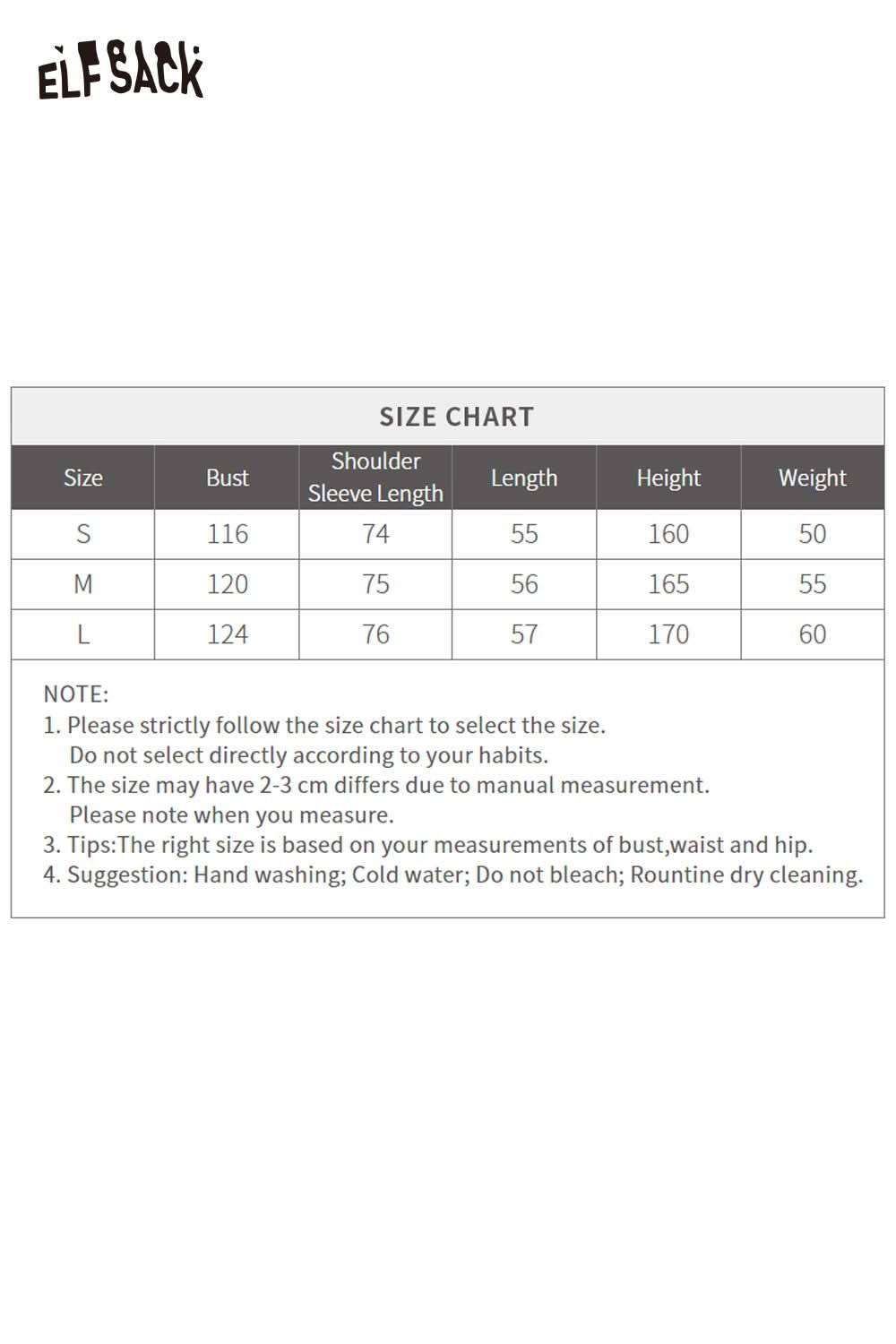 ELFSACK women's faux leather jacket with plush collar in size chart format for accurate measurements