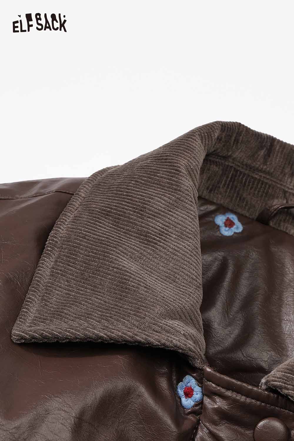 ELFSACK women's faux leather short down jacket with a stylish collar and floral embroidery details