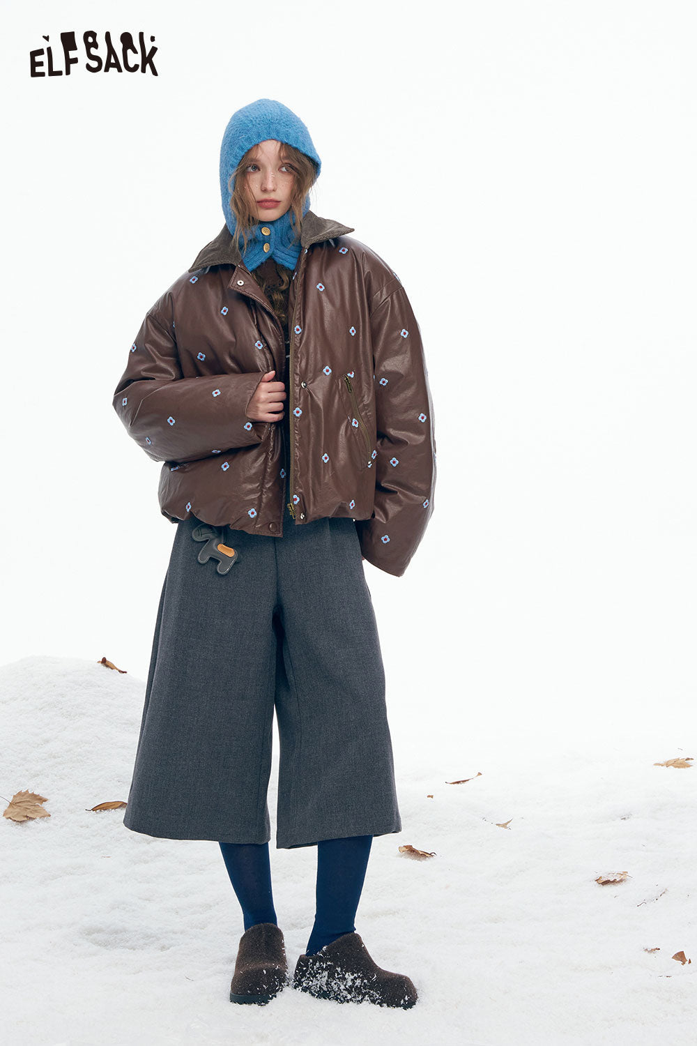 ELFSACK women's faux leather short down jacket in brown with stylish embroidery and warm blue hoodie