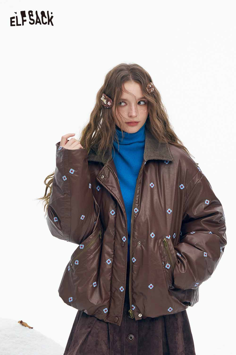 ELFSACK women's faux leather short down jacket with stylish embroidery and relaxed fit