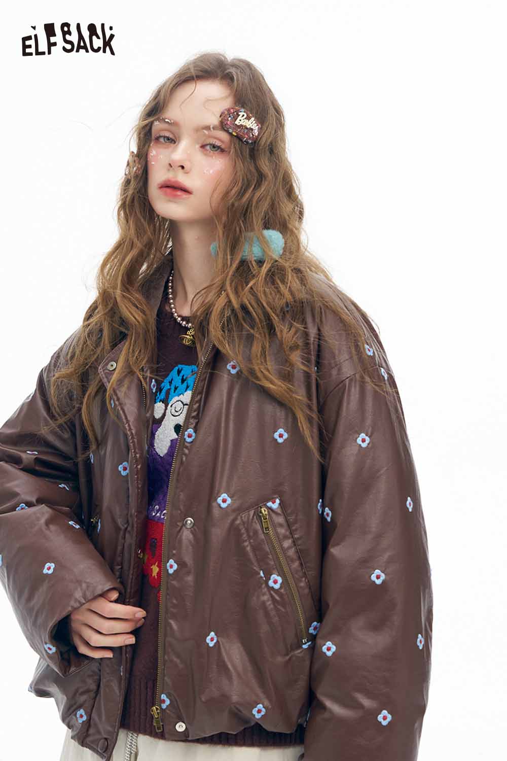 ELFSACK women's faux leather short down jacket with unique embroidery and a relaxed fit