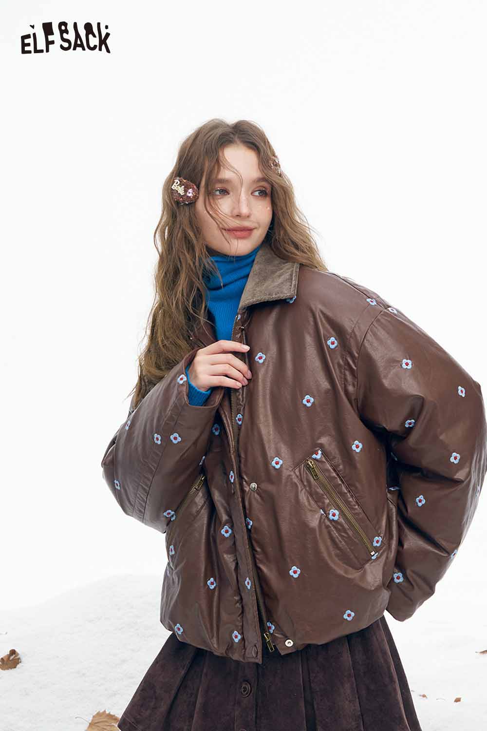 ELFSACK women's faux leather short down jacket in brown with embroidered details for stylish warmth