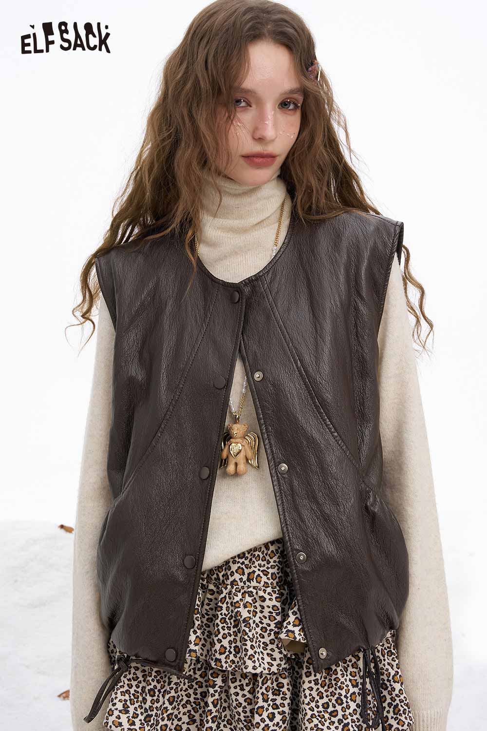 ELFSACK women's faux leather sleeveless jacket in dark brown for stylish layering options