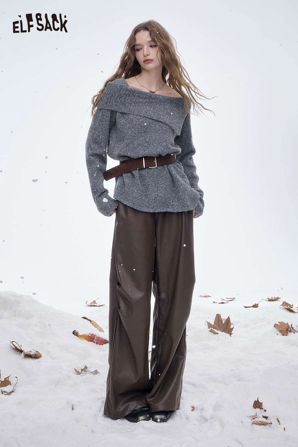 ELFSACK women's faux leather straight leg pants styled with a cozy sweater in a snowy setting