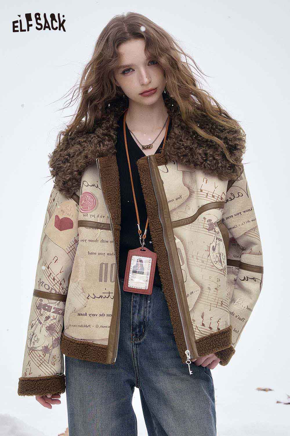 ELFSACK women's faux leather wool coat with a unique design and cozy fur collar for stylish winter warmth