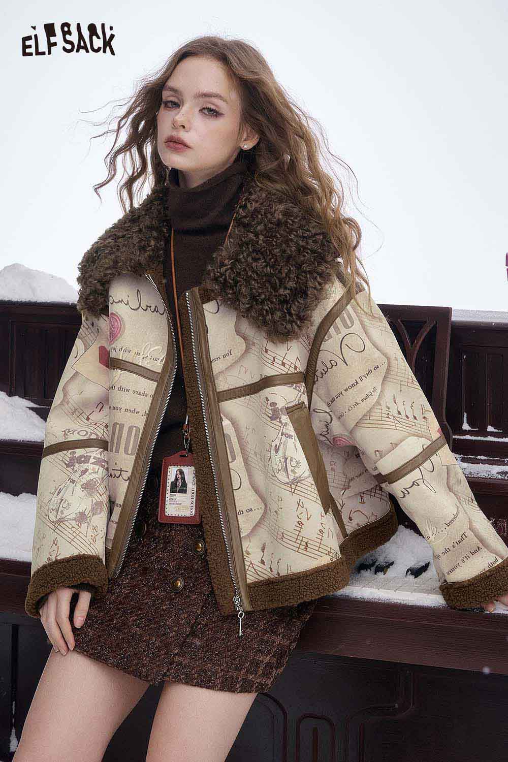 ELFSACK women's faux leather wool coat with a stylish design and warm fur collar for winter fashion