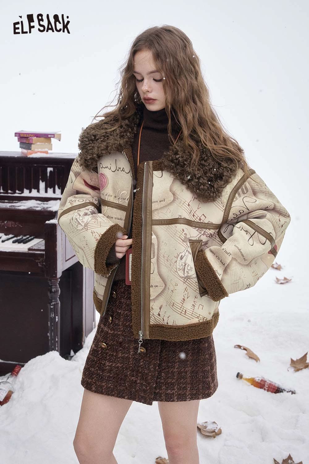 ELFSACK women's faux leather wool coat with artistic designs and cozy fur collar for stylish winter wear