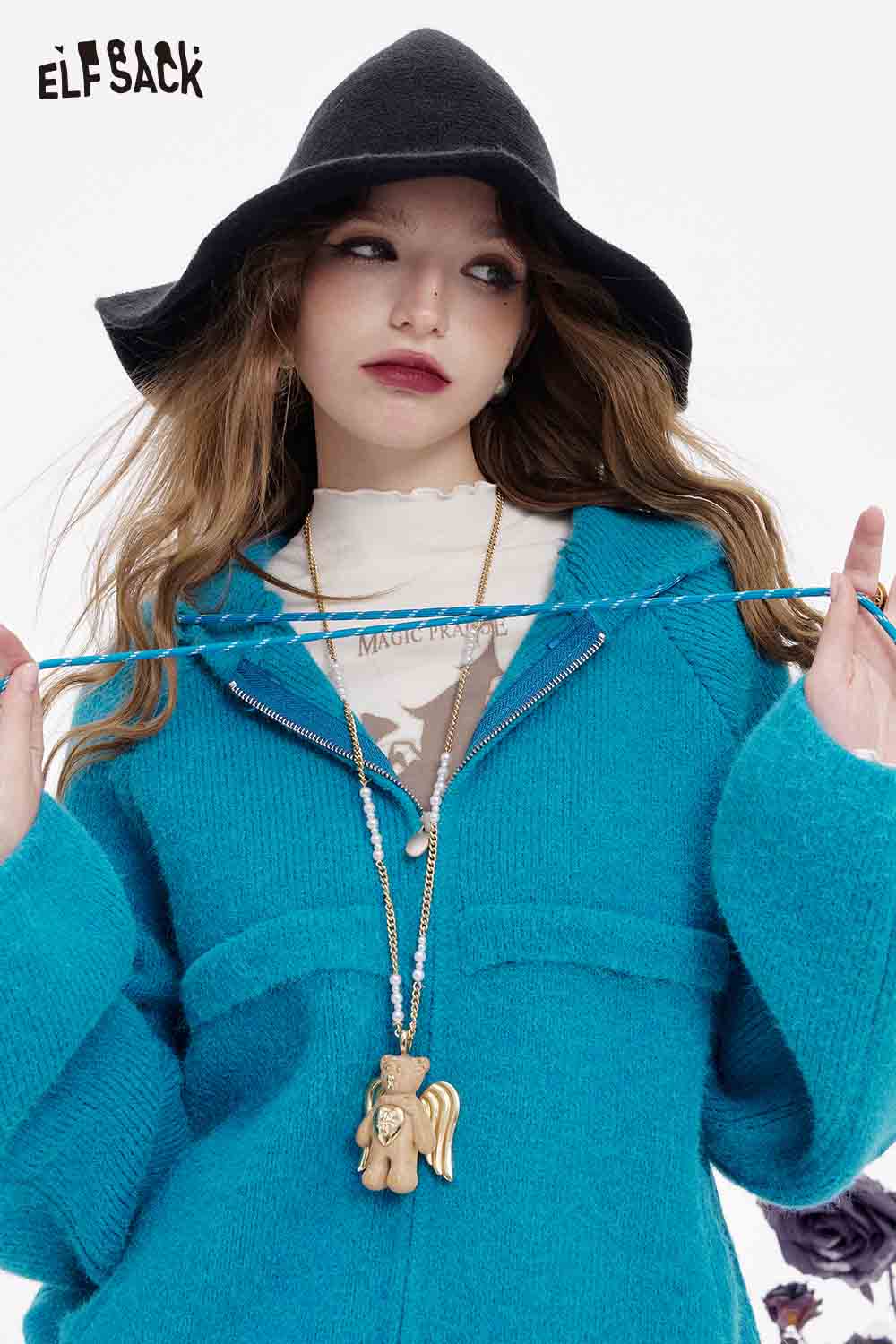 ELFSACK women's fleece hooded sweater in vibrant turquoise for stylish and cozy wear