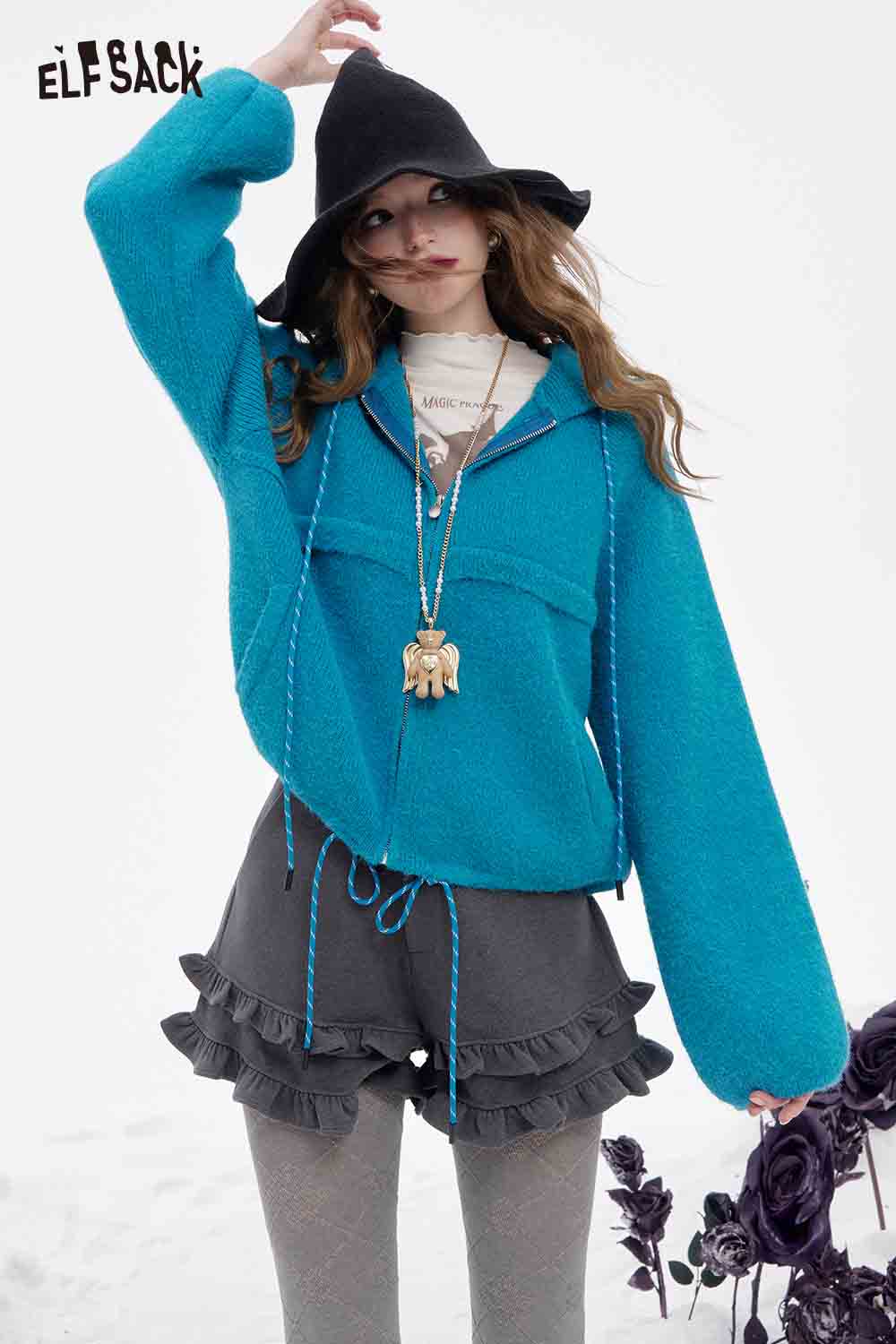ELFSACK women's fleece hooded sweater in blue with drawstring and relaxed fit for a stylish look
