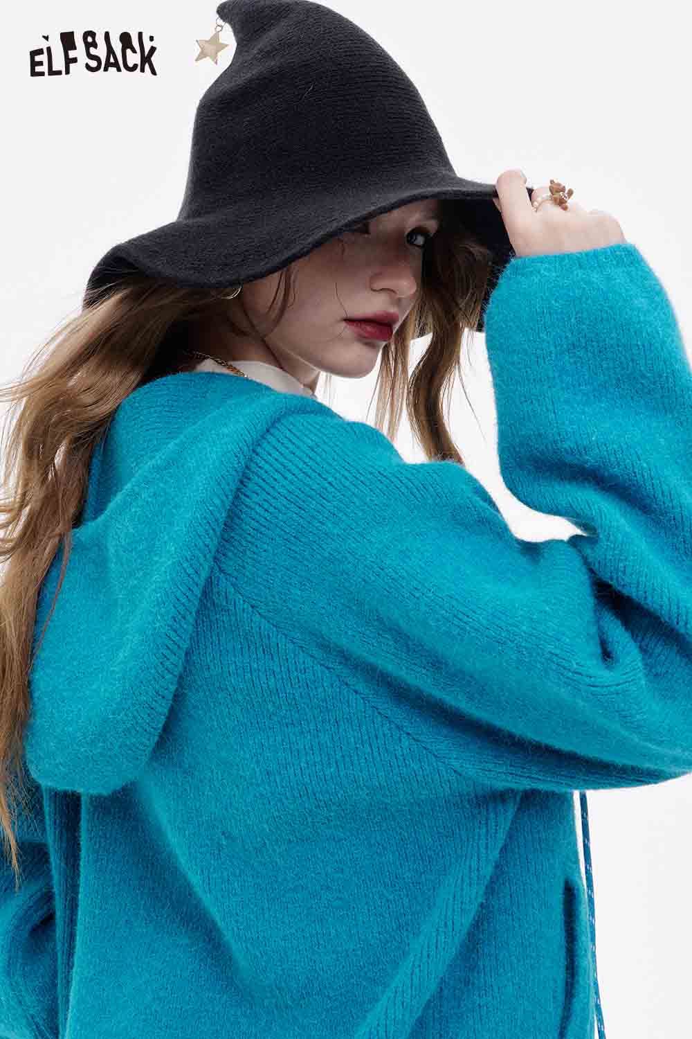 ELFSACK women's fleece hooded sweater in turquoise with oversized fit and adjustable hood