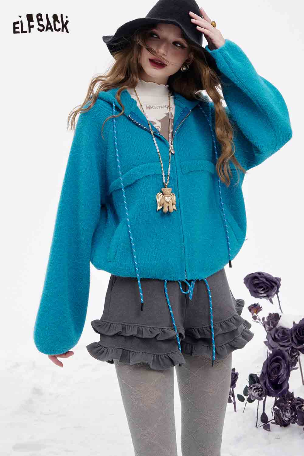 ELFSACK women's fleece hooded sweater in vibrant blue with adjustable drawstrings and oversized fit