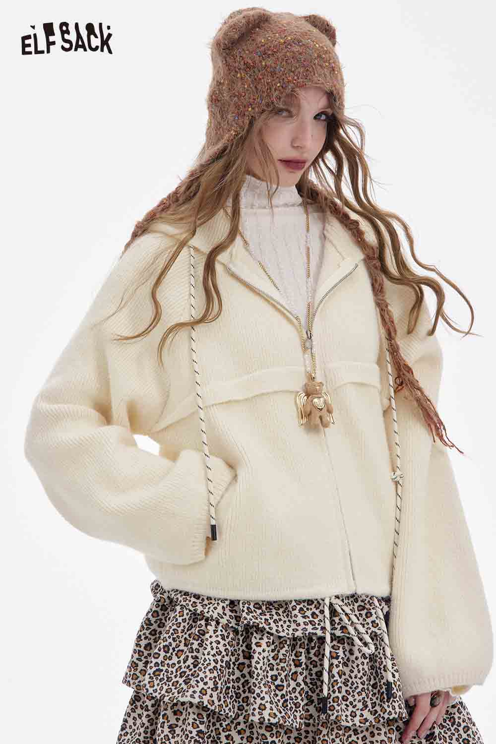 ELFSACK women's fleece hooded sweater in cream with tie details and a stylish oversized fit