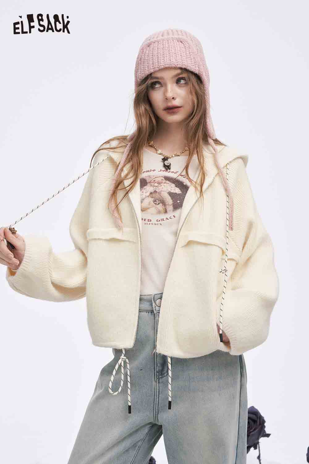 ELFSACK women's fleece hooded sweater in cream, featuring a relaxed fit and soft texture for cozy styling.