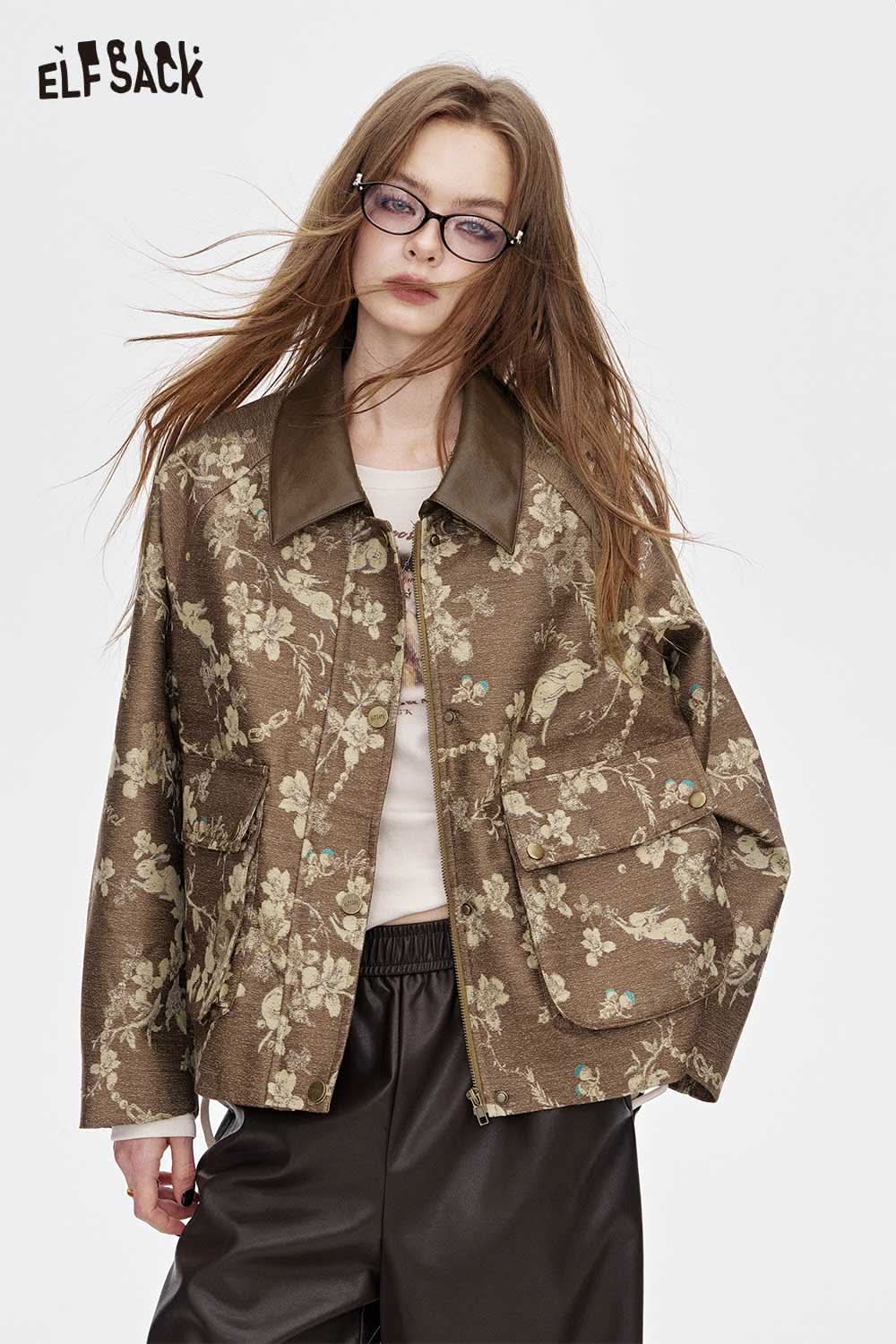 ELFSACK women's floral applique jacket featuring a stylish design with a brown floral pattern