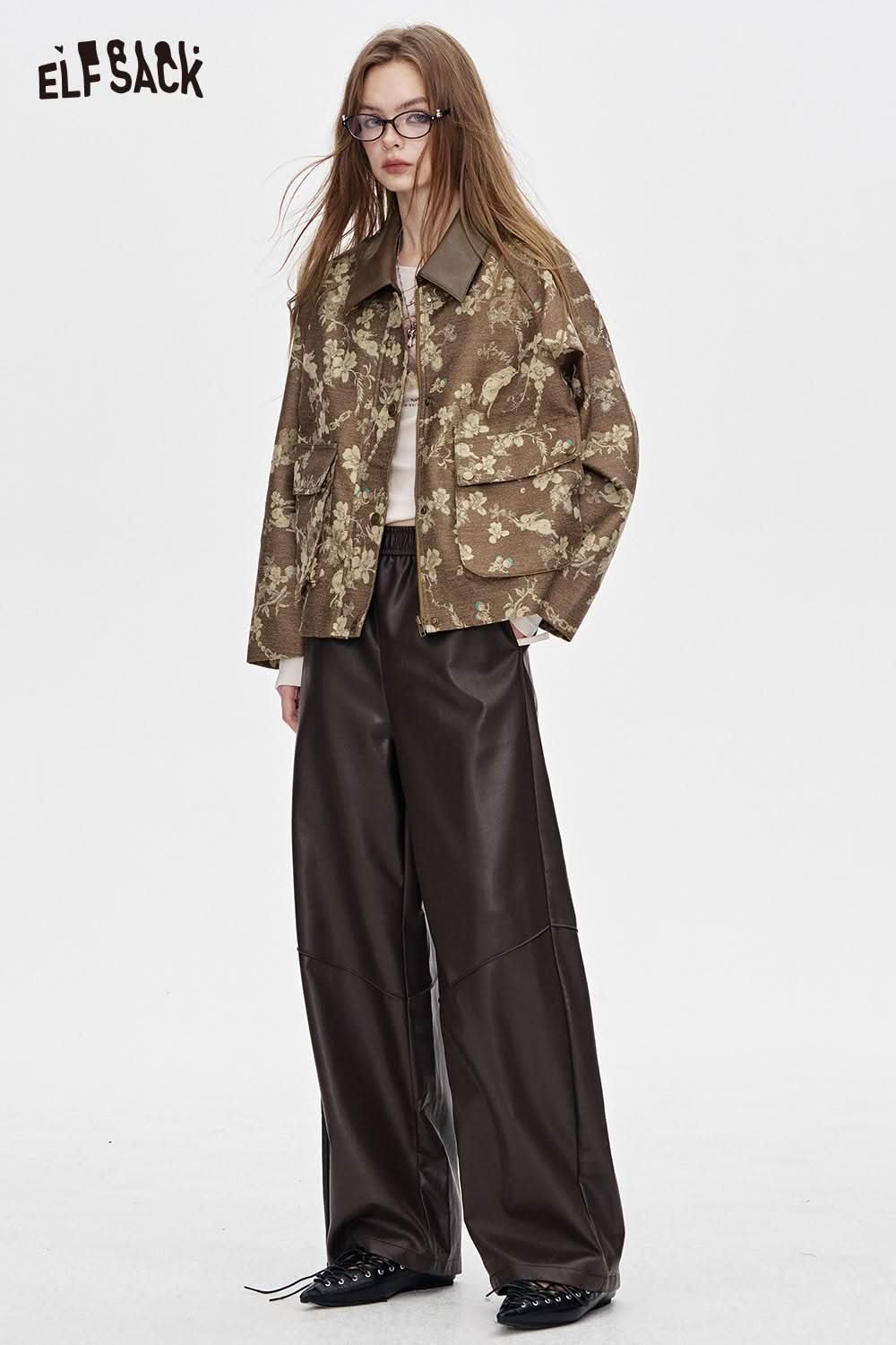 ELFSACK women's floral applique jacket in brown with a stylish design and relaxed fit