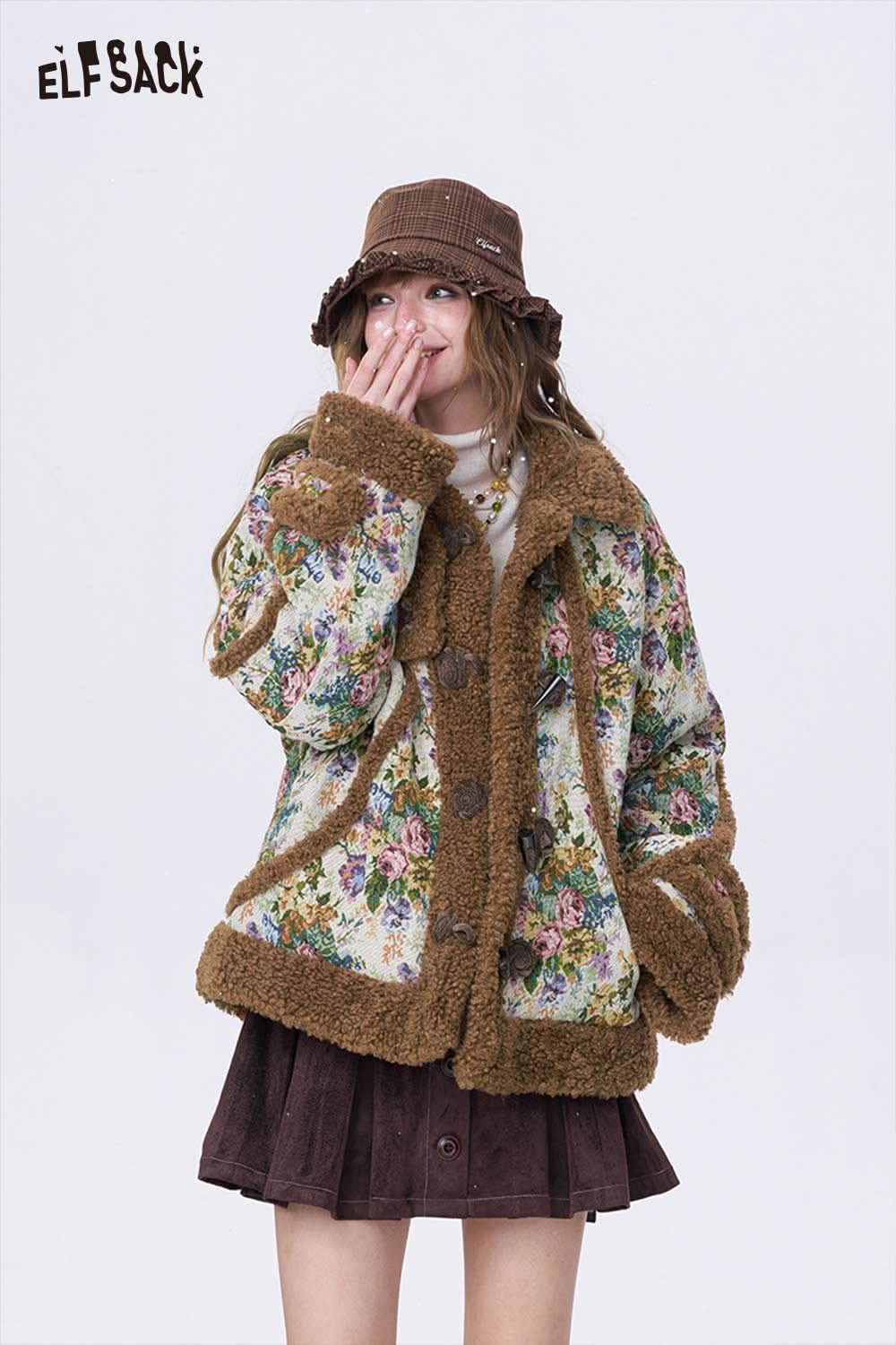 ELFSACK women's floral graphic coat with cozy sherpa lining and button details for stylish warmth