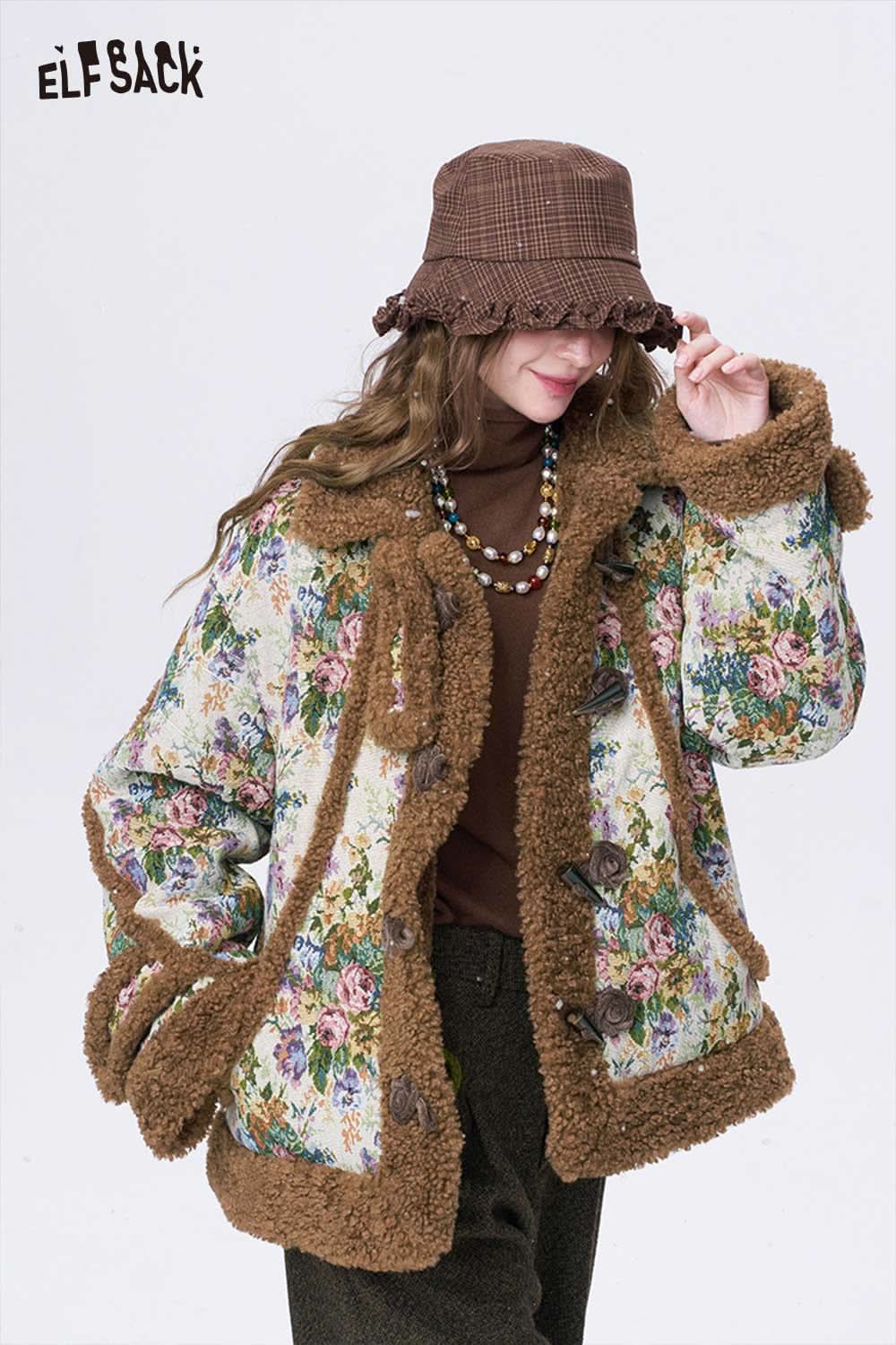 ELFSACK women's floral graphic coat with cozy fur lining and vibrant floral design for stylish warmth