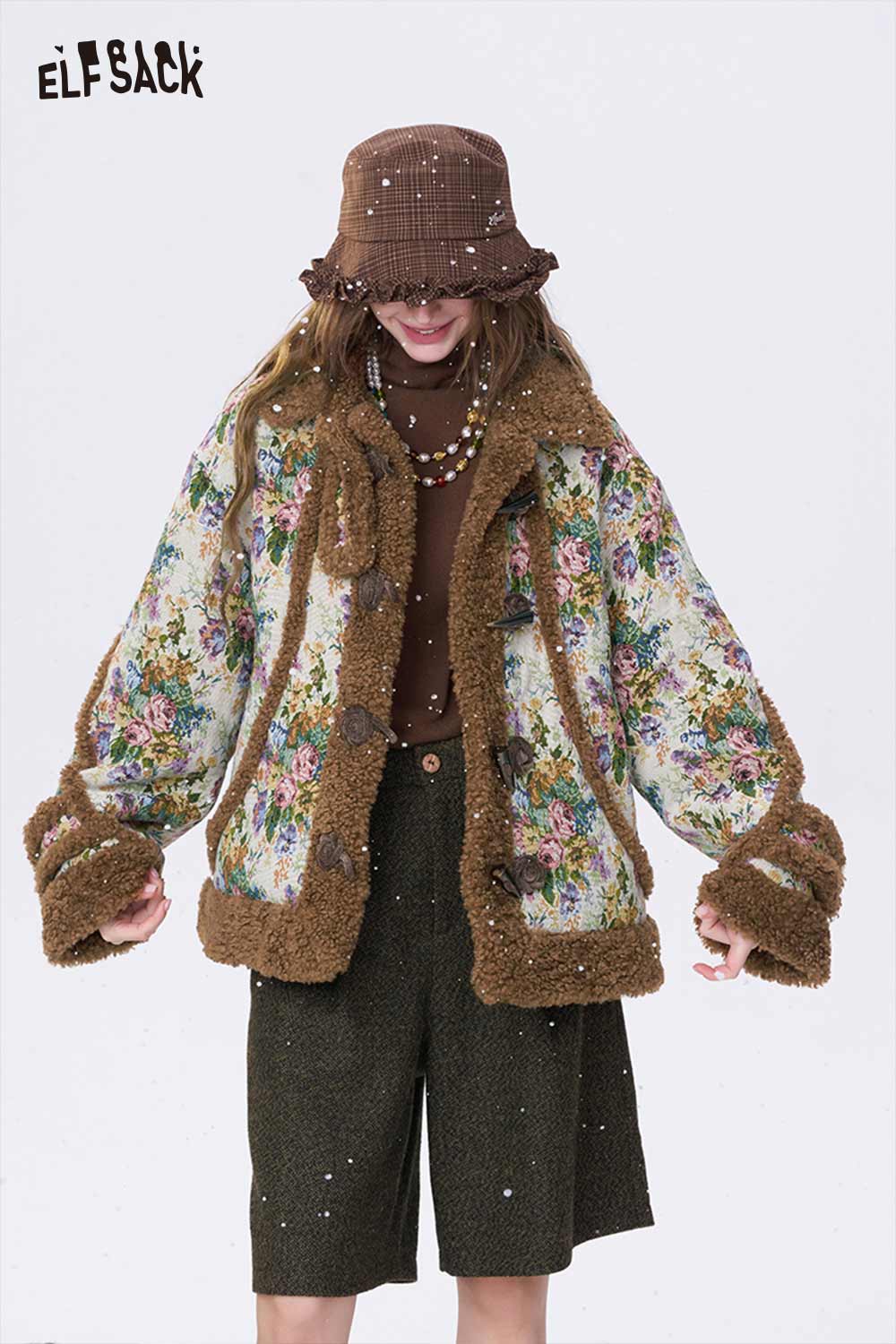 ELFSACK women's floral graphic coat featuring a cozy design with vibrant floral patterns