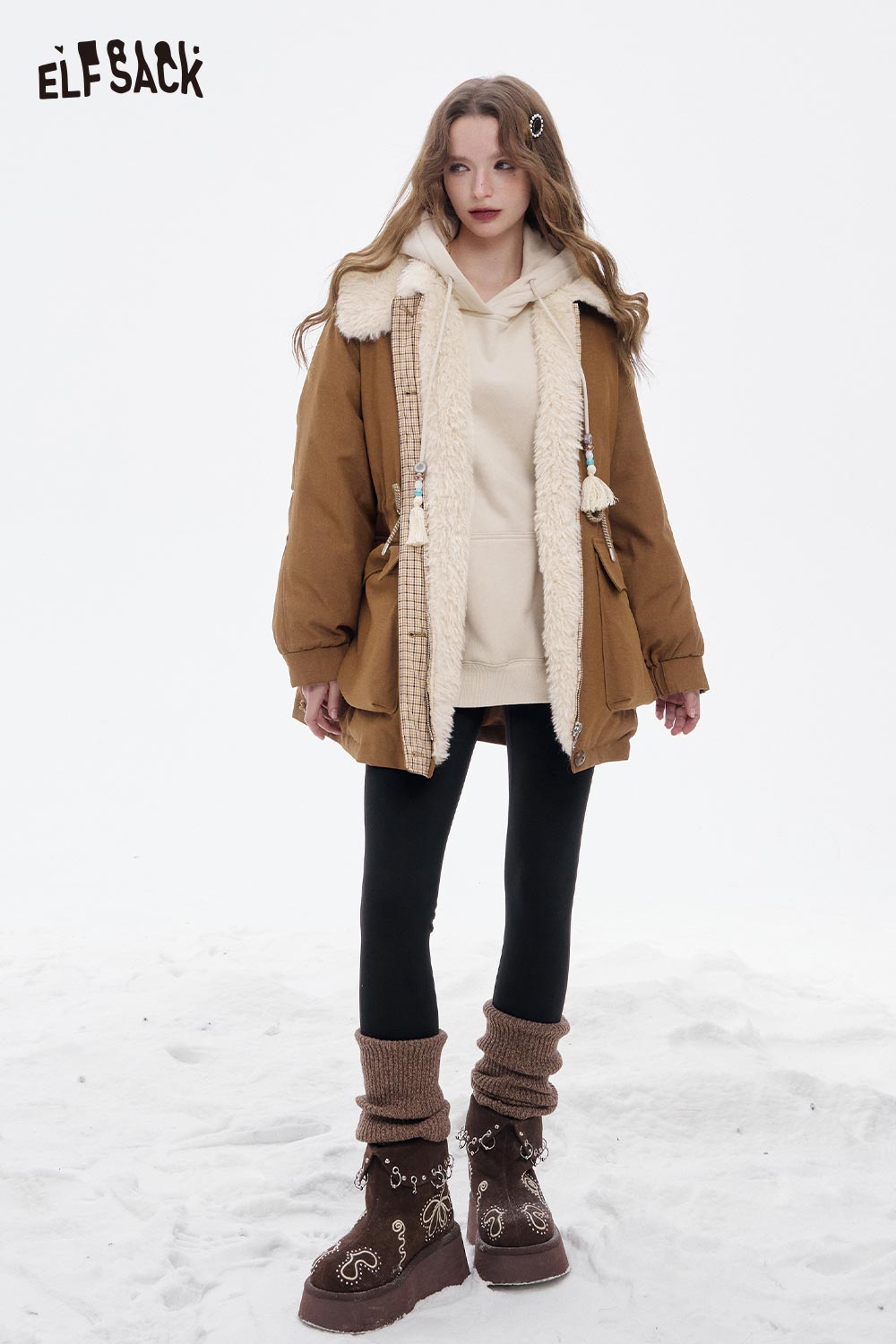 ELFSACK women's furry plaid jacket with cozy lining and stylish hood for winter warmth