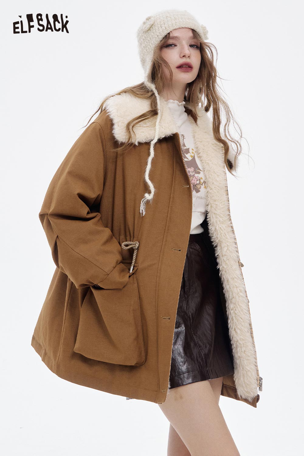 ELFSACK women's furry plaid jacket with cozy fur lining and stylish brown exterior