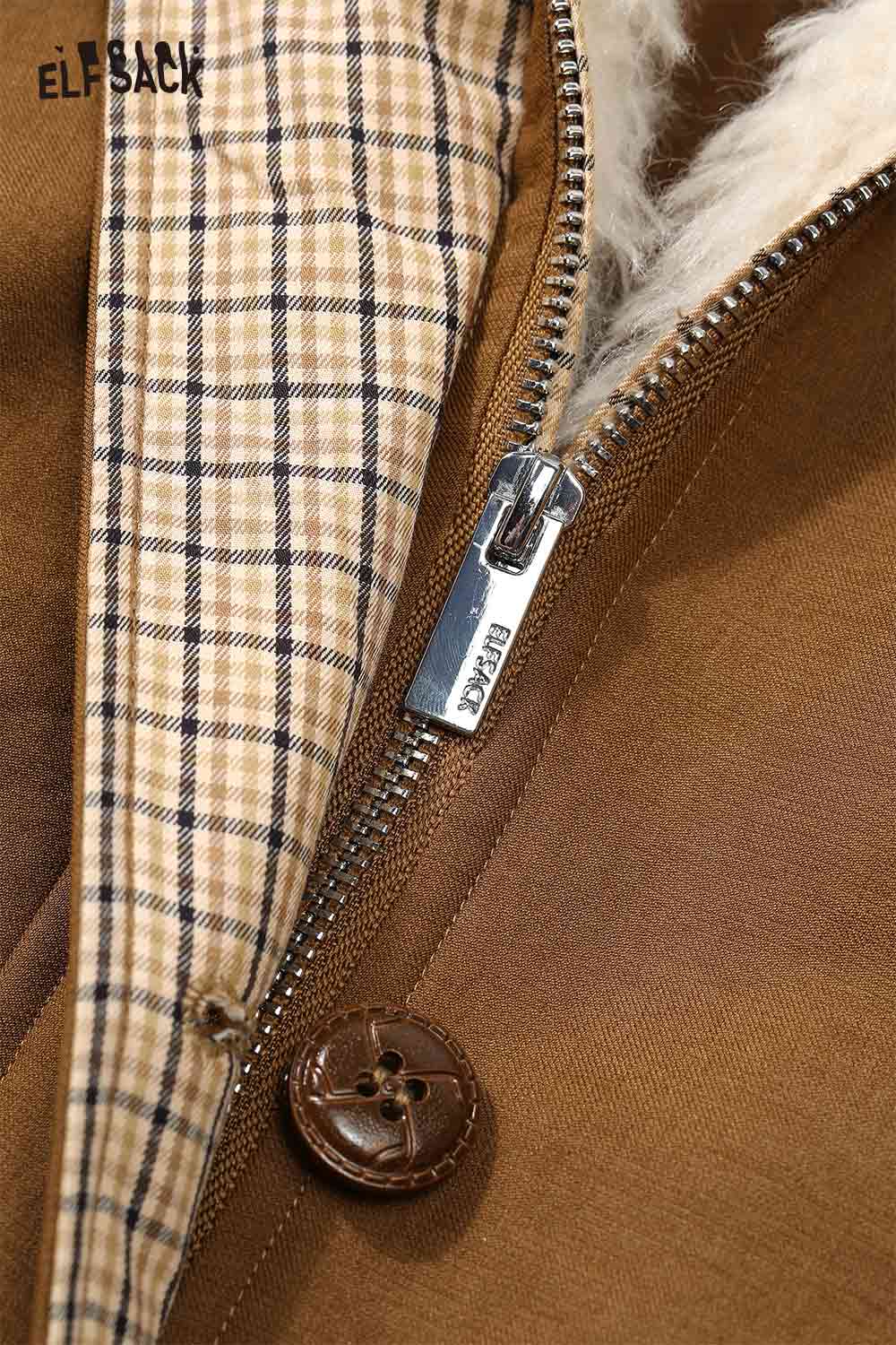 Close-up of ELFSACK women's furry plaid jacket showcasing the zipper and button details