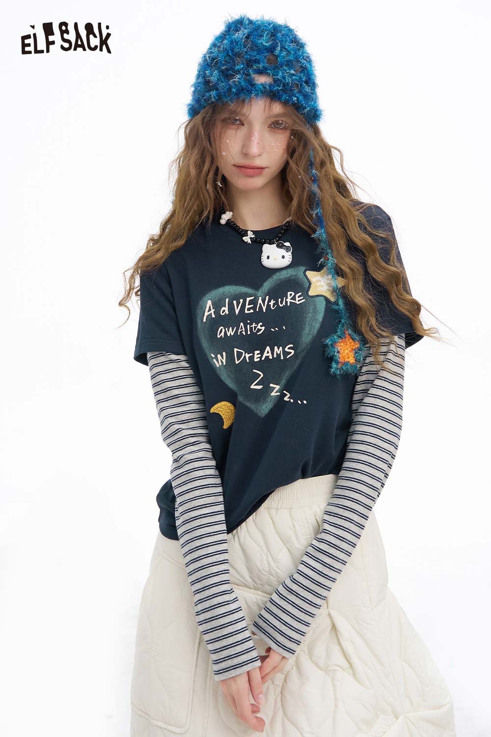 ELFSACK women's graphic embroidered long sleeve tshirt with playful designs and layered stripes