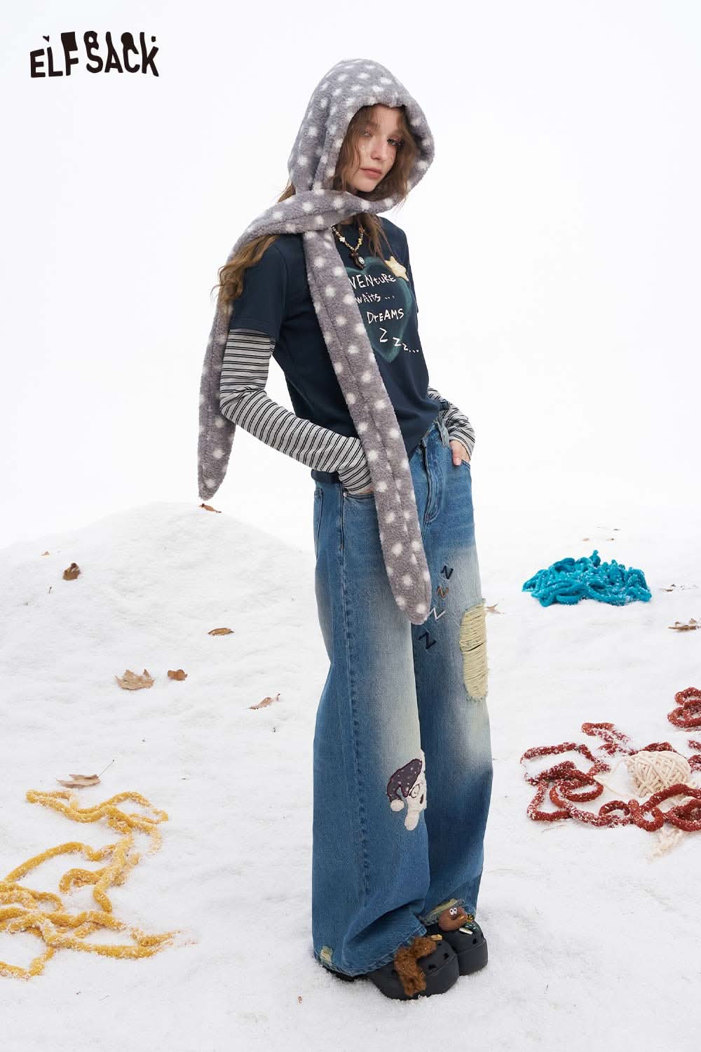 ELFSACK women's graphic embroidered long sleeve tshirt paired with casual striped sleeves and loose jeans