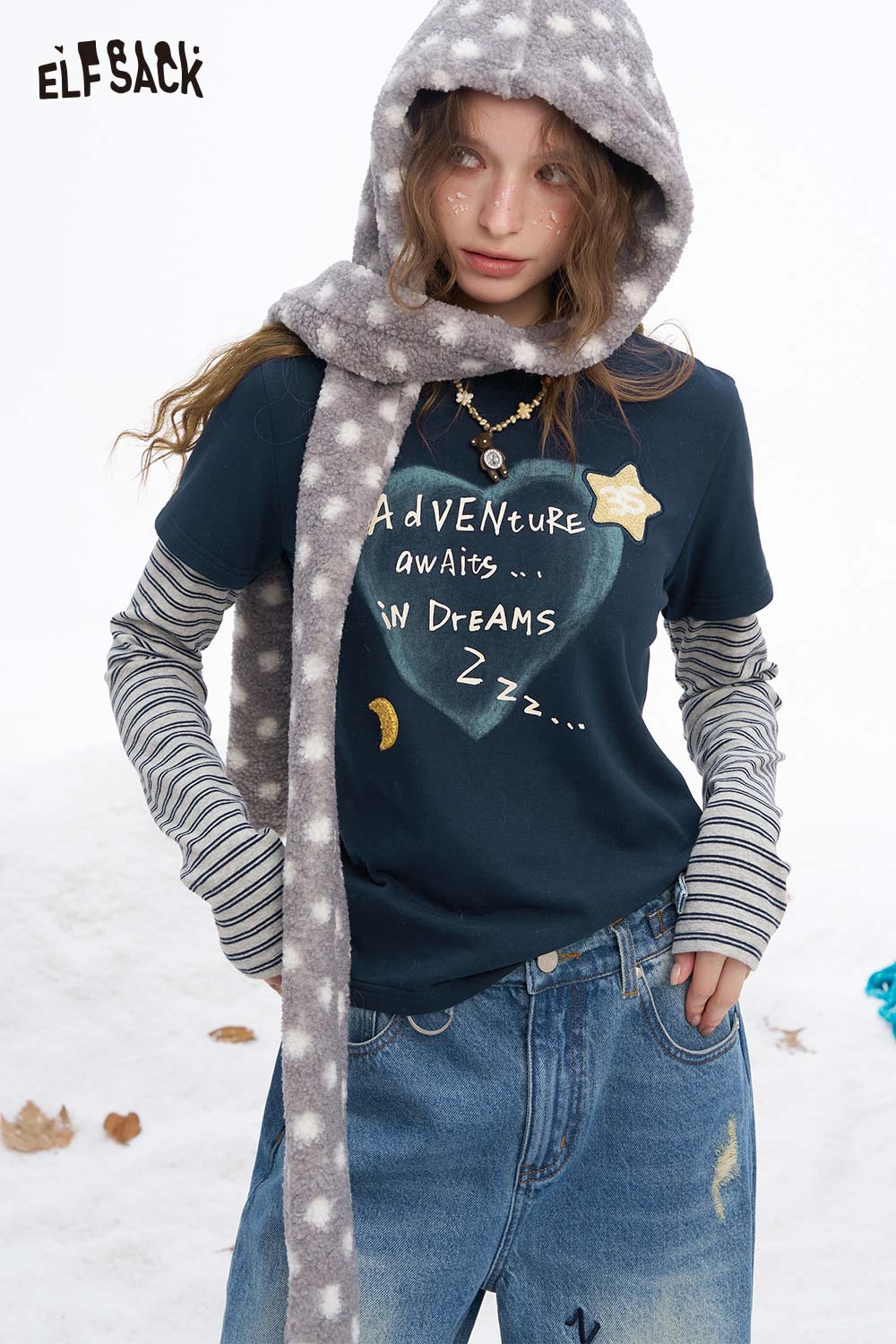 ELFSACK women's graphic embroidered long sleeve t-shirt with fun adventure design and cozy hood