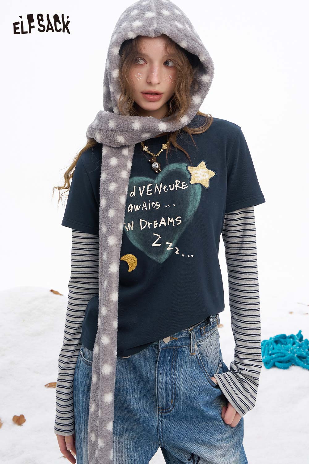 ELFSACK women's graphic embroidered long sleeve tshirt featuring a heart design and layered striped sleeves