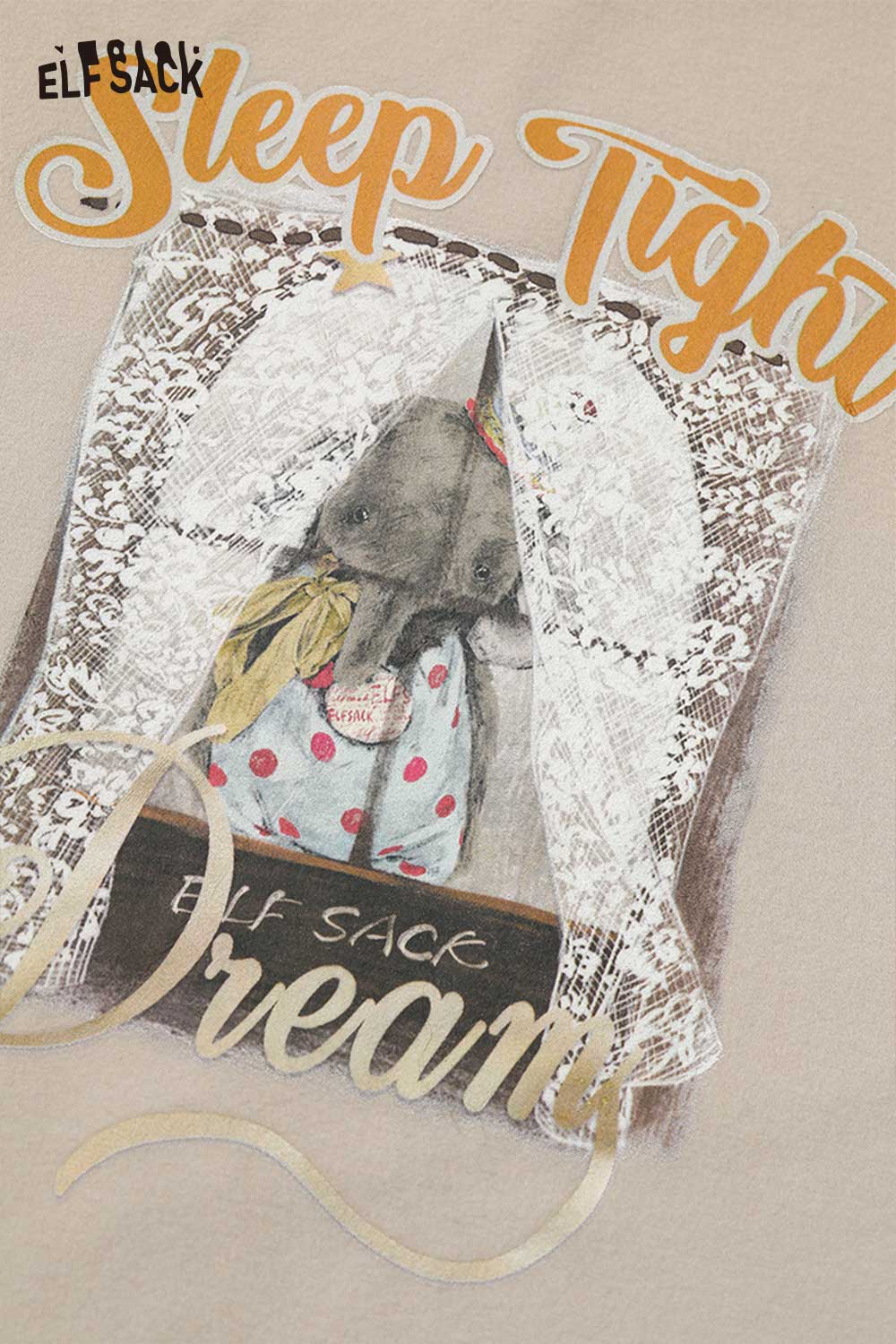 ELFSACK women's graphic letter tshirt featuring a whimsical elephant design with lace and colorful text