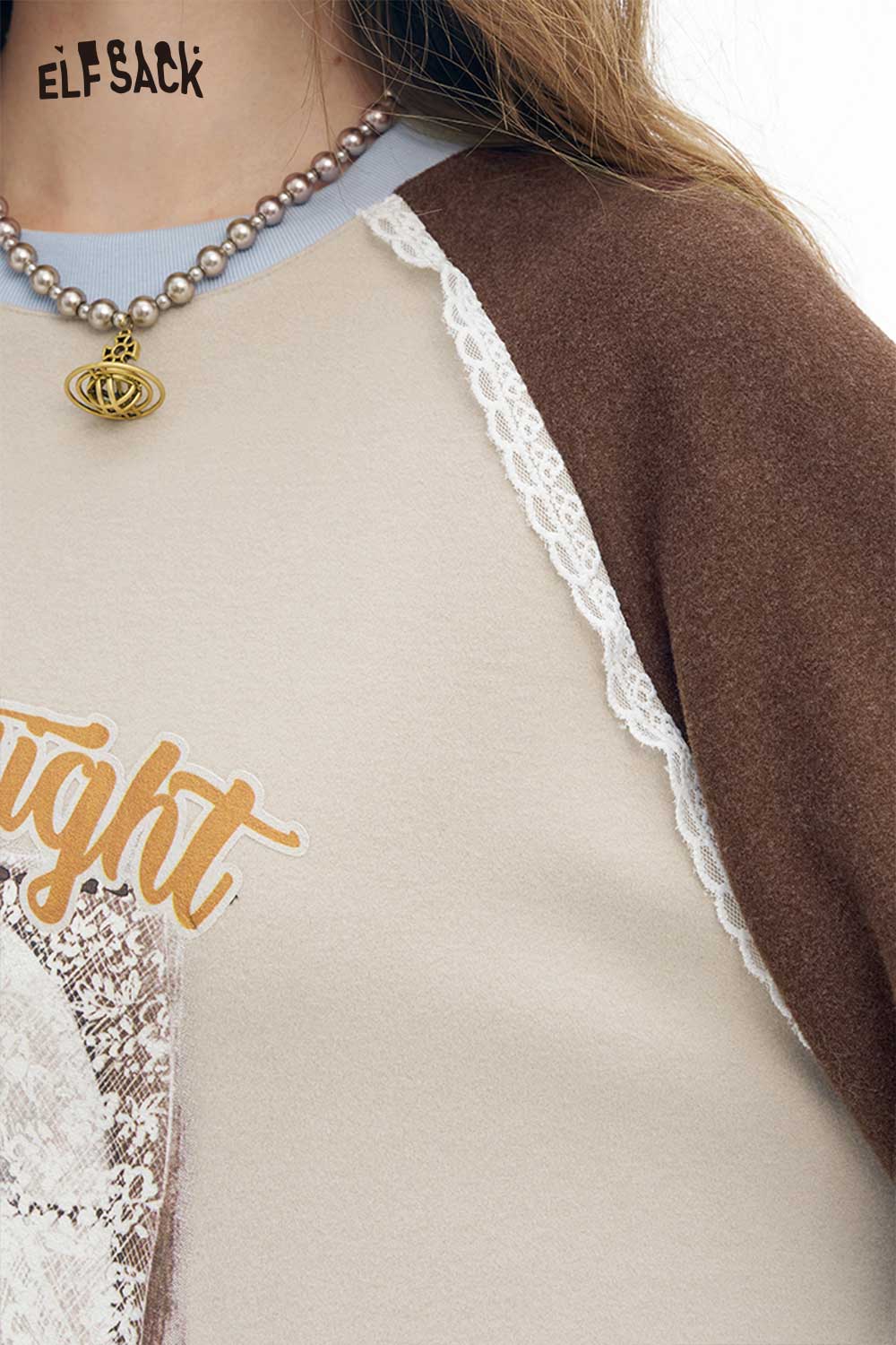 ELFSACK women's graphic letter tshirt with lace detail in beige and brown for a trendy casual look