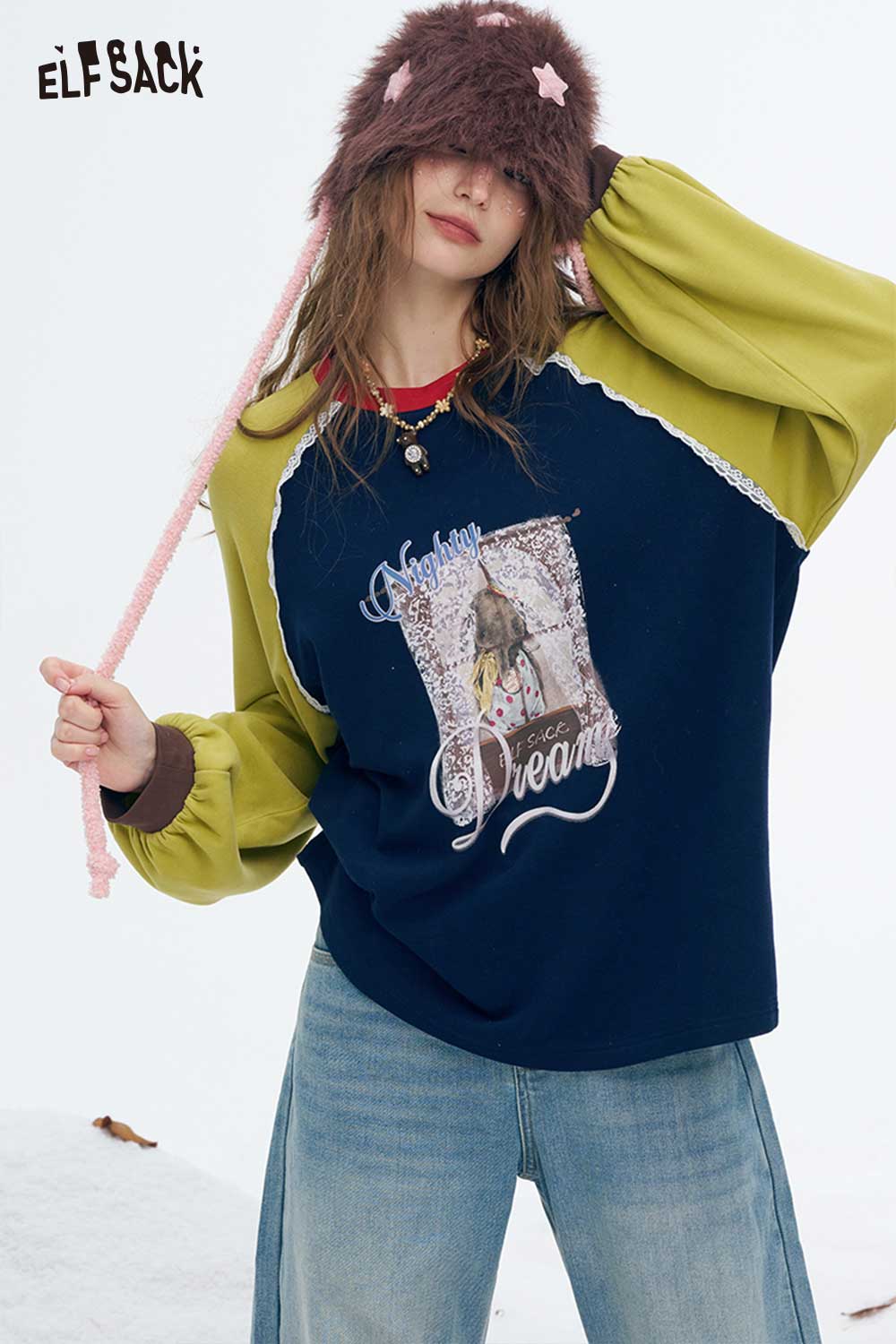 ELFSACK women's graphic letter tshirt with colorful sleeves and unique printed design